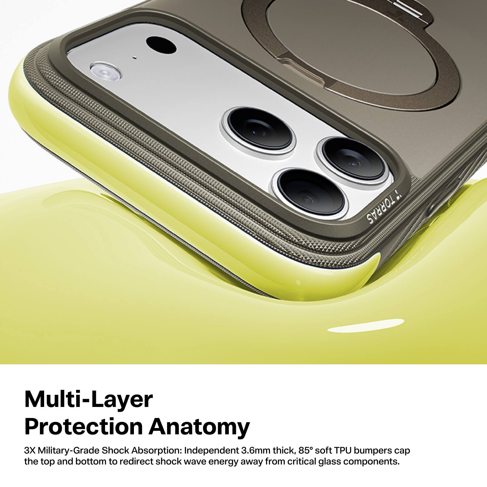 Multi-Layer Protection Anatomy

3X Military-Grade Shock Absorption: Independent 3.6mm thick, 85° soft TPU bumpers cap the top and bottom to redirect shock wave energy away from critical glass components.