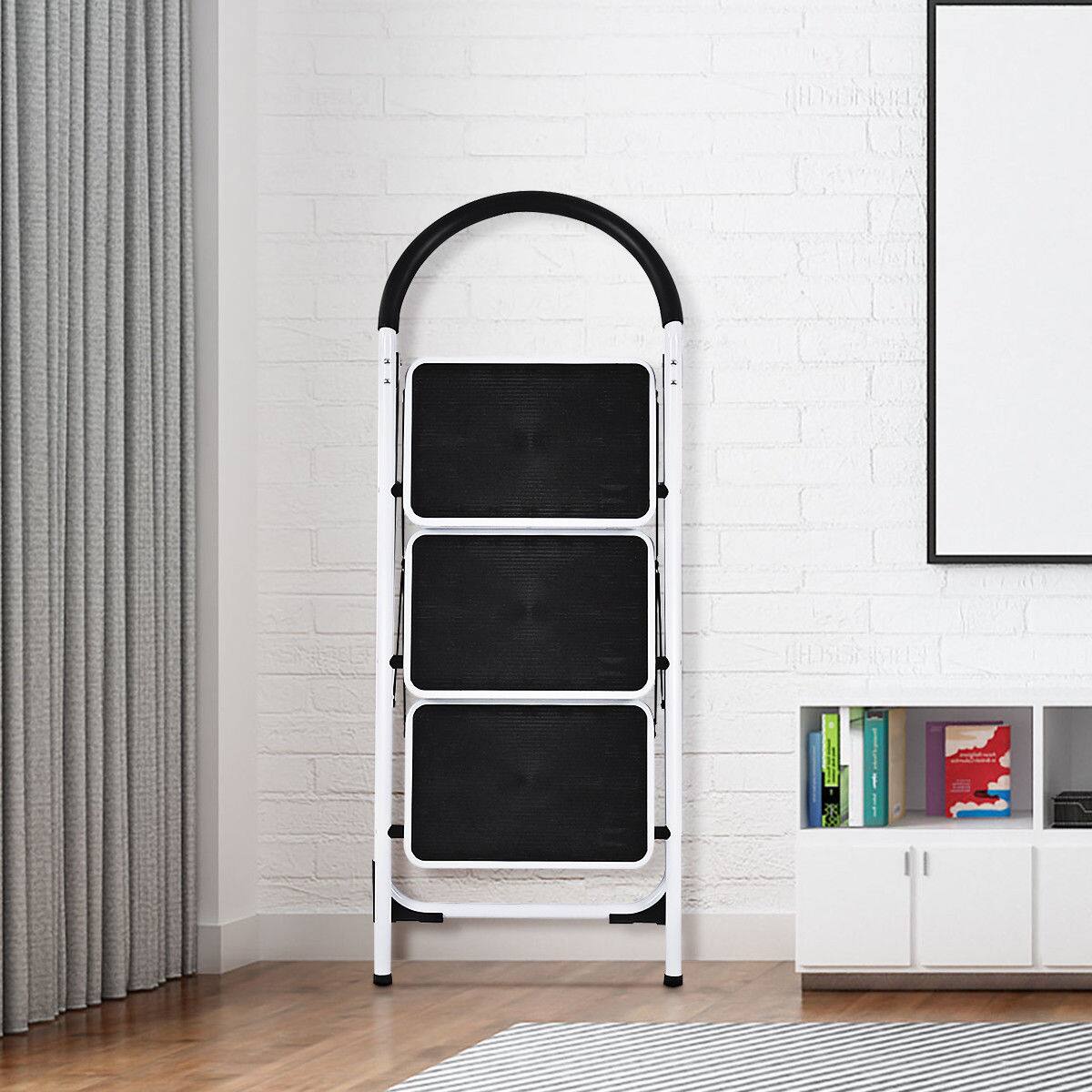 Alt View 4. Costway - Costway 3 Step Ladder Folding Stool Heavy Duty 330Lbs Capacity Industrial Lightweight, Black - Black & White.