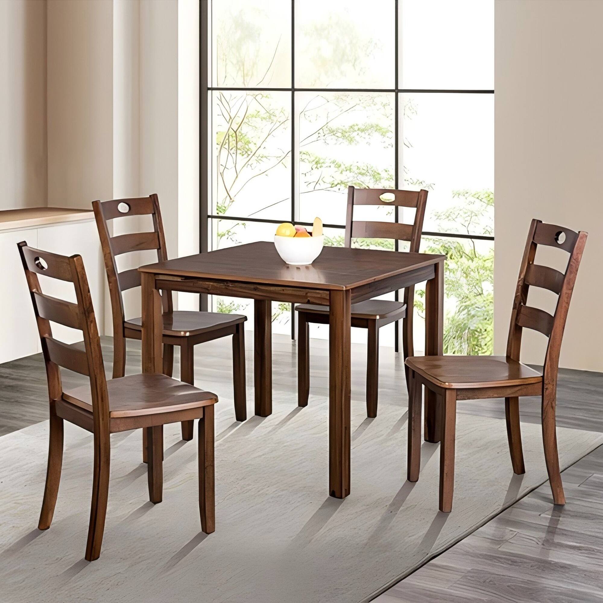 Angle. Vaczon - Solid Rubberwood Dining Table Set, 5-Piece Kitchen Table and Chair Set with Slat Back Chairs - Walnut.