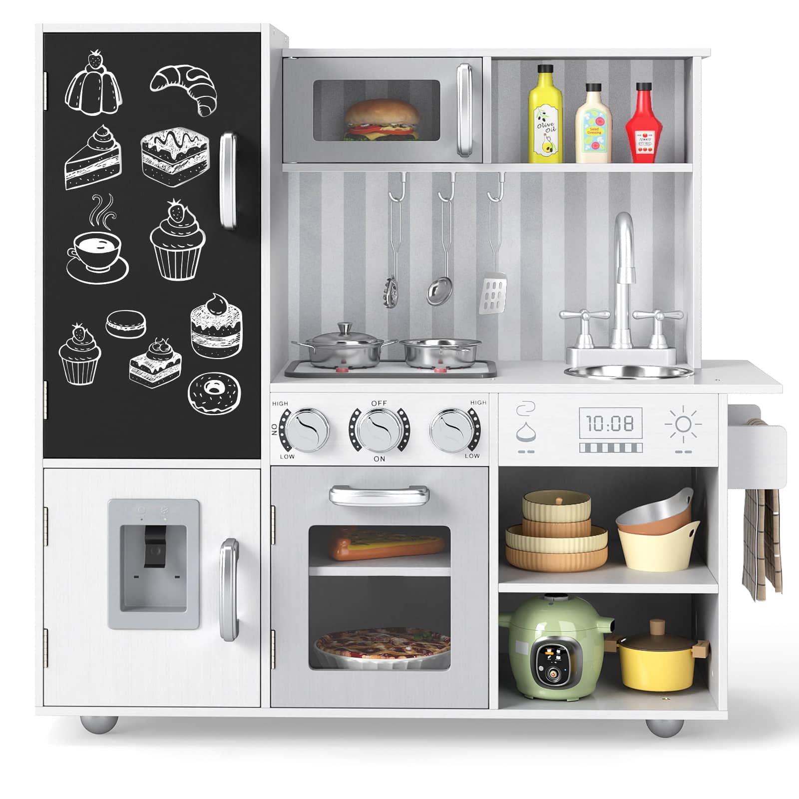 Gymax Play Kitchen Toy Set w/ Chalkboard Oven Sink Faucet Stove