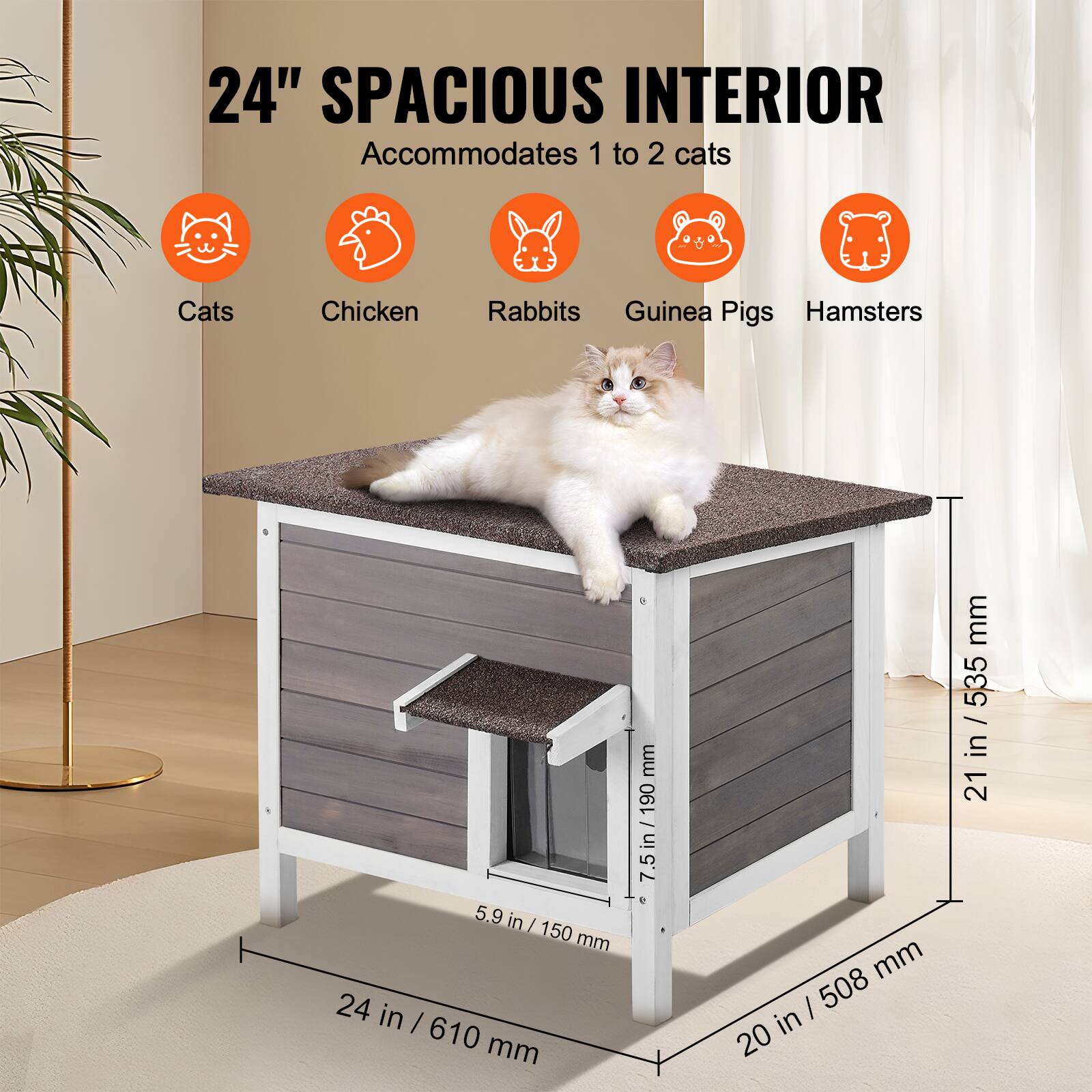 24" Spacious Interior Accommodates 1 to 2 cats. Cats, Chicken, Rabbits, Guinea Pigs, Hamsters. 5.9 in / 150 mm, 24 in / 610 mm, 190 / 7.5 in / 190 mm, 7.5 in / 190 mm, 20 mm / 508 mm, 535 mm / 21 in.