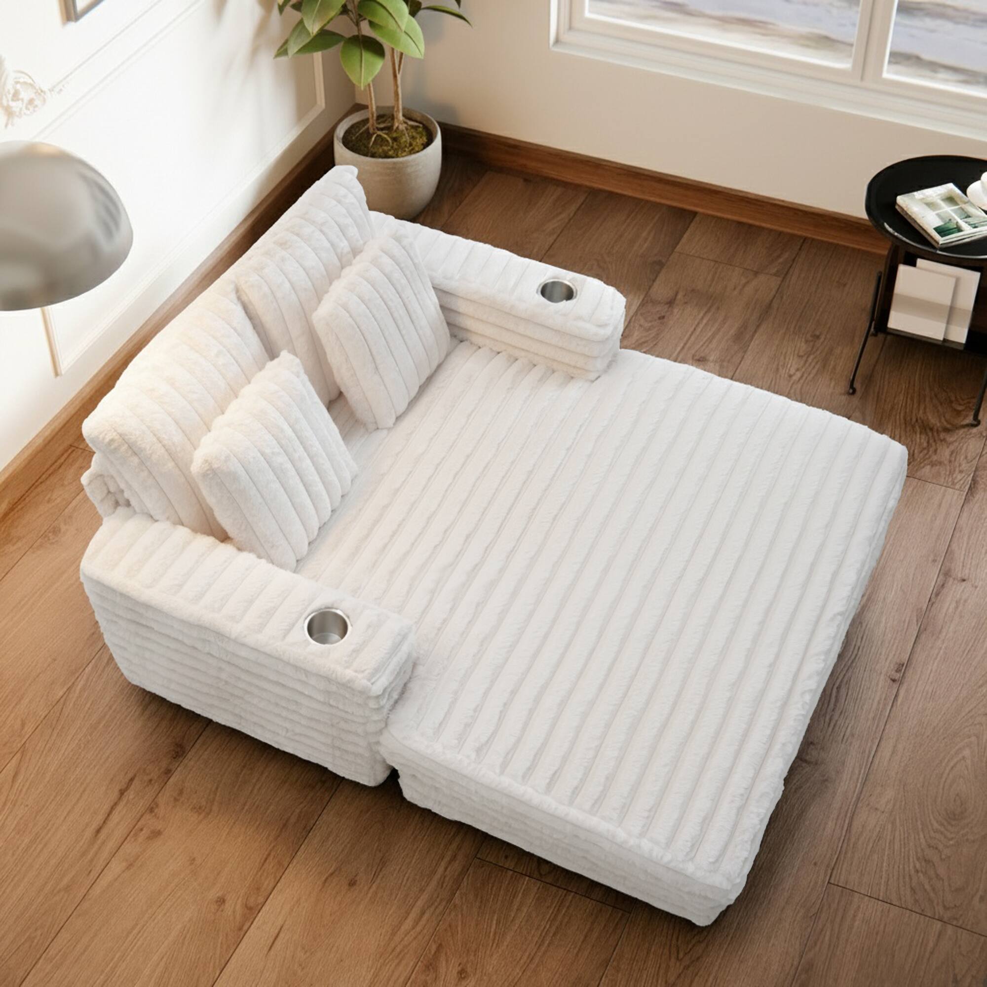 Left. Homsee - Faux Rabbit Fur Sectional Sofa with Cup Holders Soft Plush Couch with Spring Support Cozy Reclining Sofa for Living Room - White.