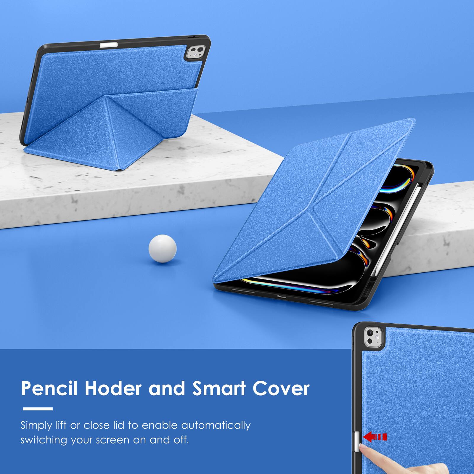 Pencil Holder and Smart Cover - Simply lift or close lid to enable automatically switching your screen on and off.