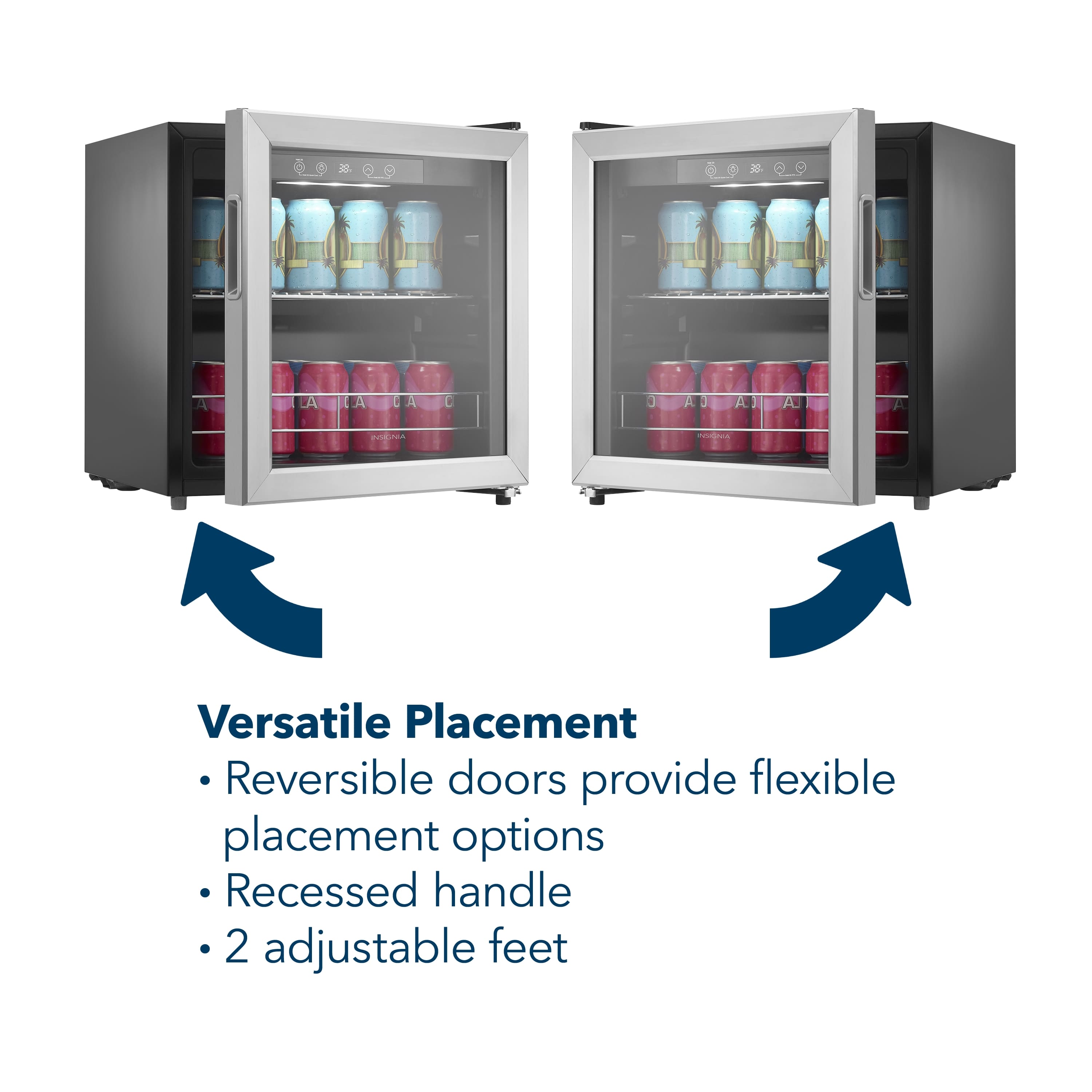 Versatile Placement: Reversible doors provide flexible placement options. Recessed handle. 2 adjustable feet.