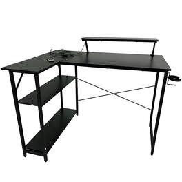 AWPLAY - L-Shaped Gaming Desk with Power Outlets LED Lights 42" Wide Reversible Computer Desk - Black