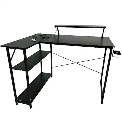 Front. AWPLAY - L-Shaped Gaming Desk with Power Outlets LED Lights 42" Wide Reversible Computer Desk - Black.