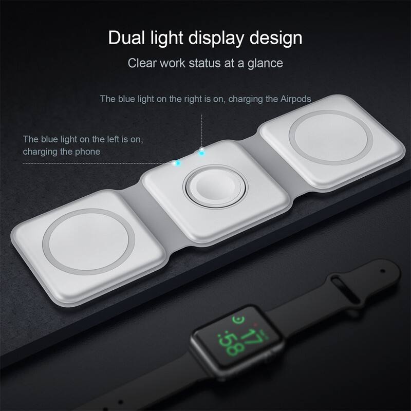Dual light display design  
Clear work status at a glance  

The blue light on the right is on, charging the Airpods  

The blue light on the left is on, charging the phone