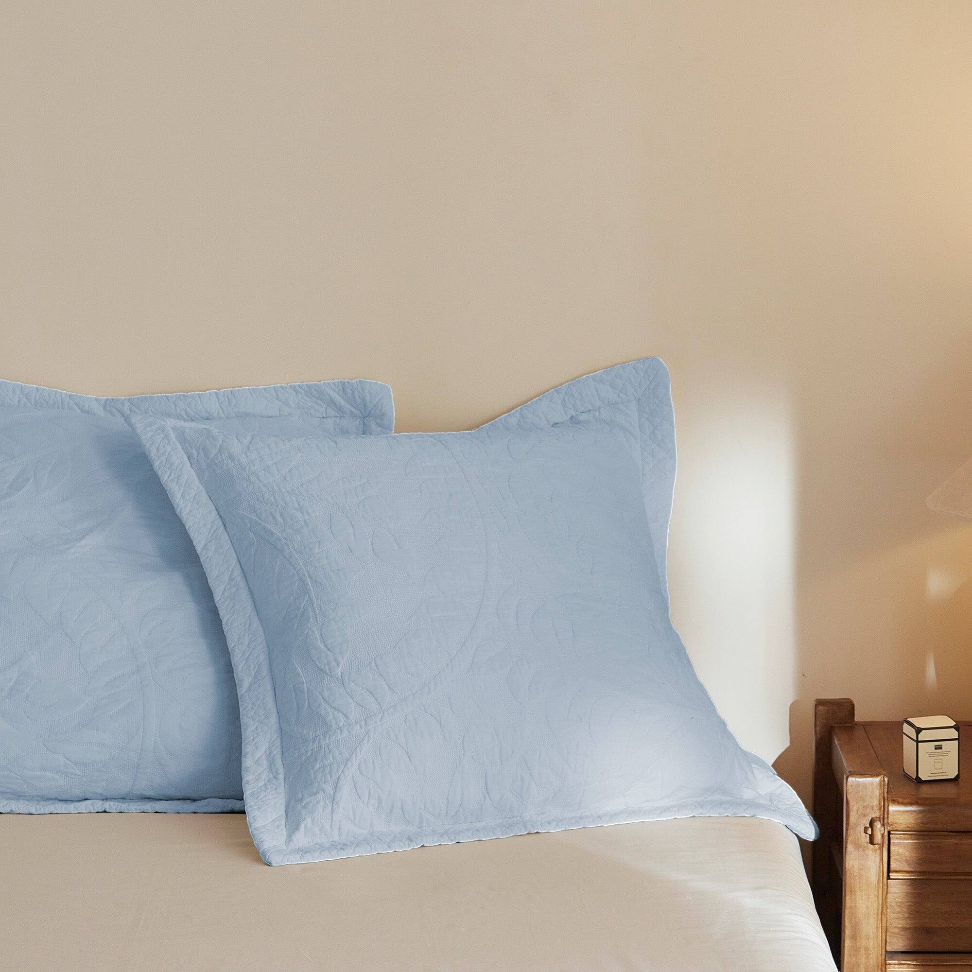 Angle. MarCielo - 100% Cotton Embroidered Quilted Pillow Shams Set of 2, 26"x26" Euro Size - Light Blue.