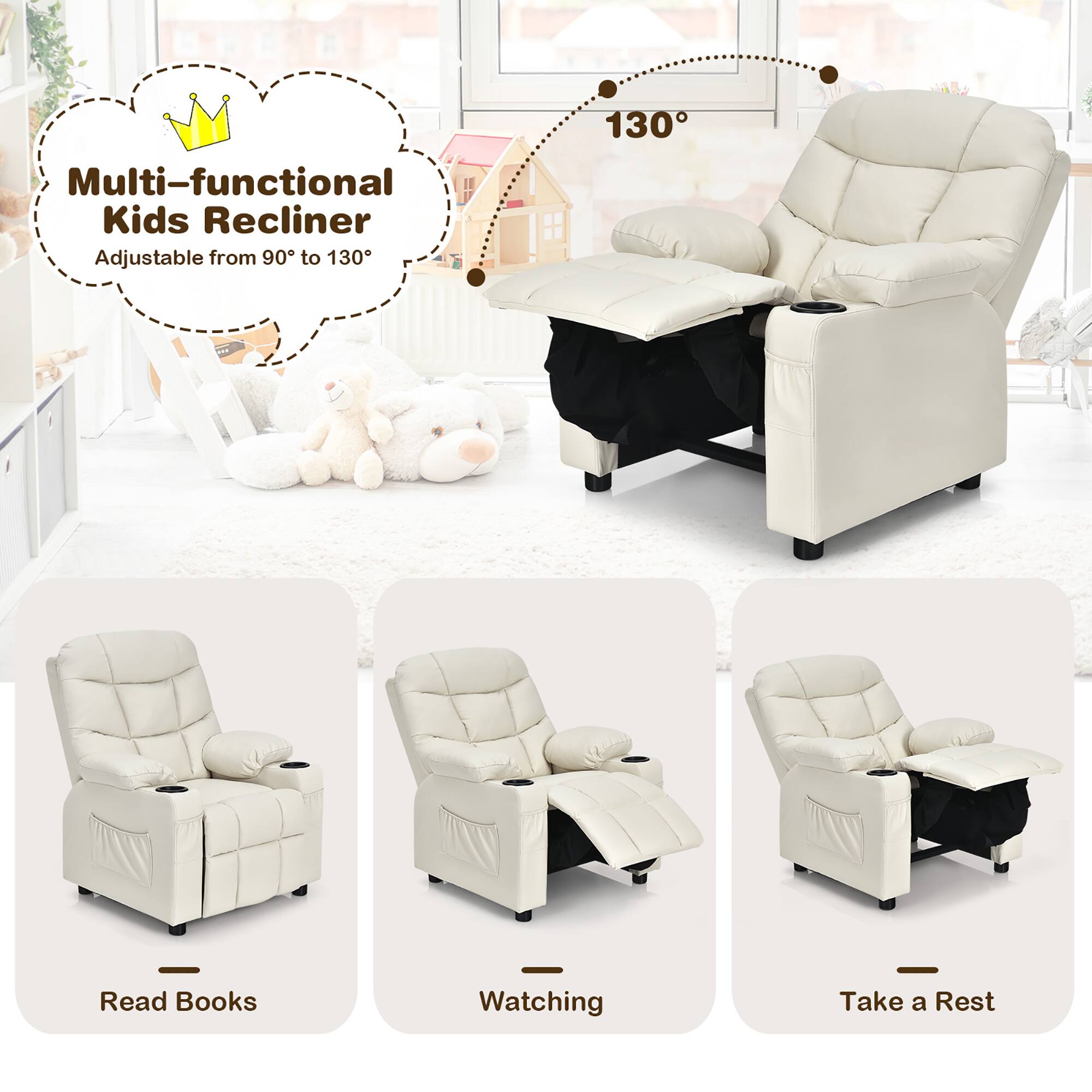 Multi-functional Kids Recliner  
Adjustable from 90° to 130°  

Read Books  
Watching  
Take a Rest