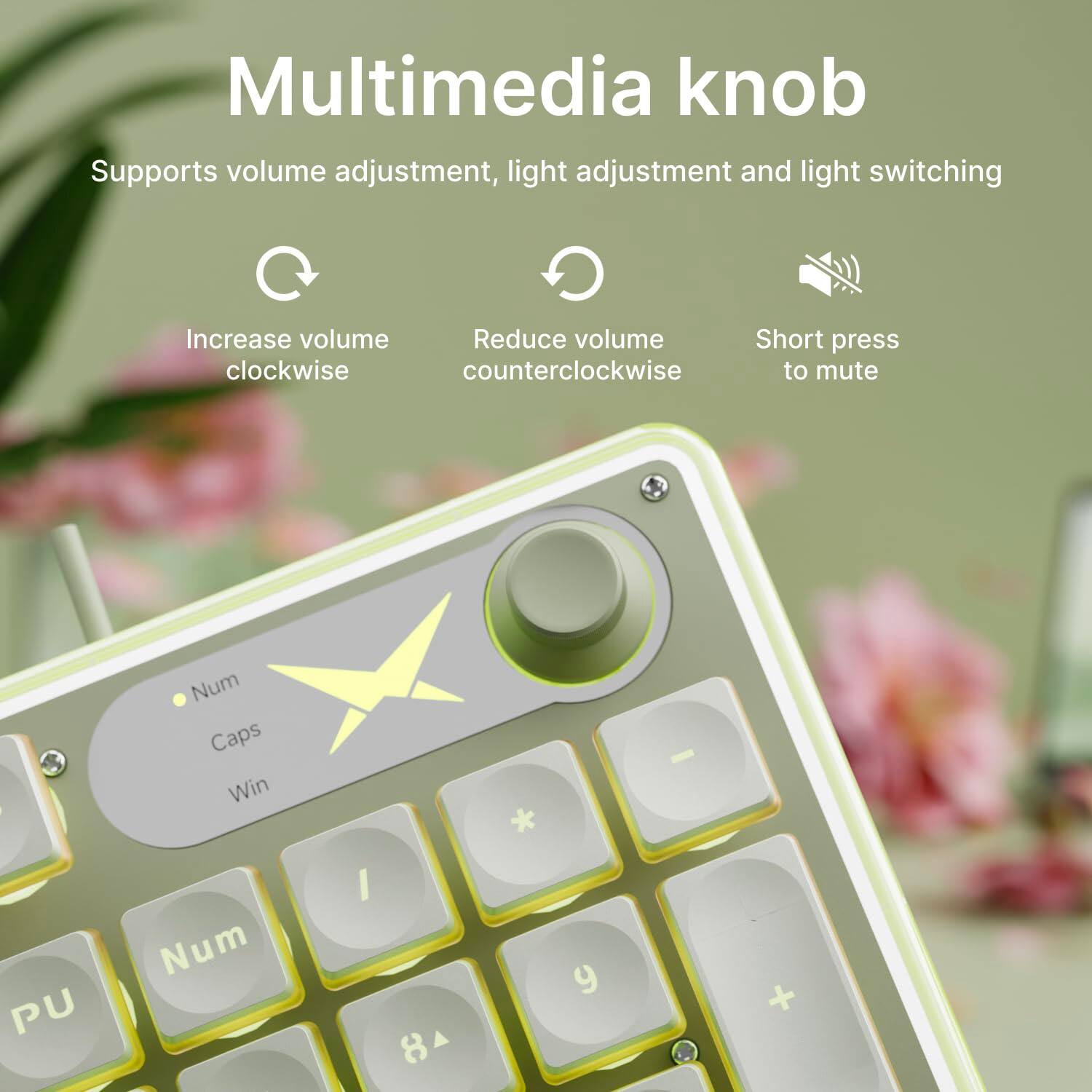 Multimedia knob  
Supports volume adjustment, light adjustment and light switching  

Increase volume clockwise  
Reduce volume counterclockwise  
Short press to mute  

Num Caps Win  
PU Num I 3C * 9 - +
