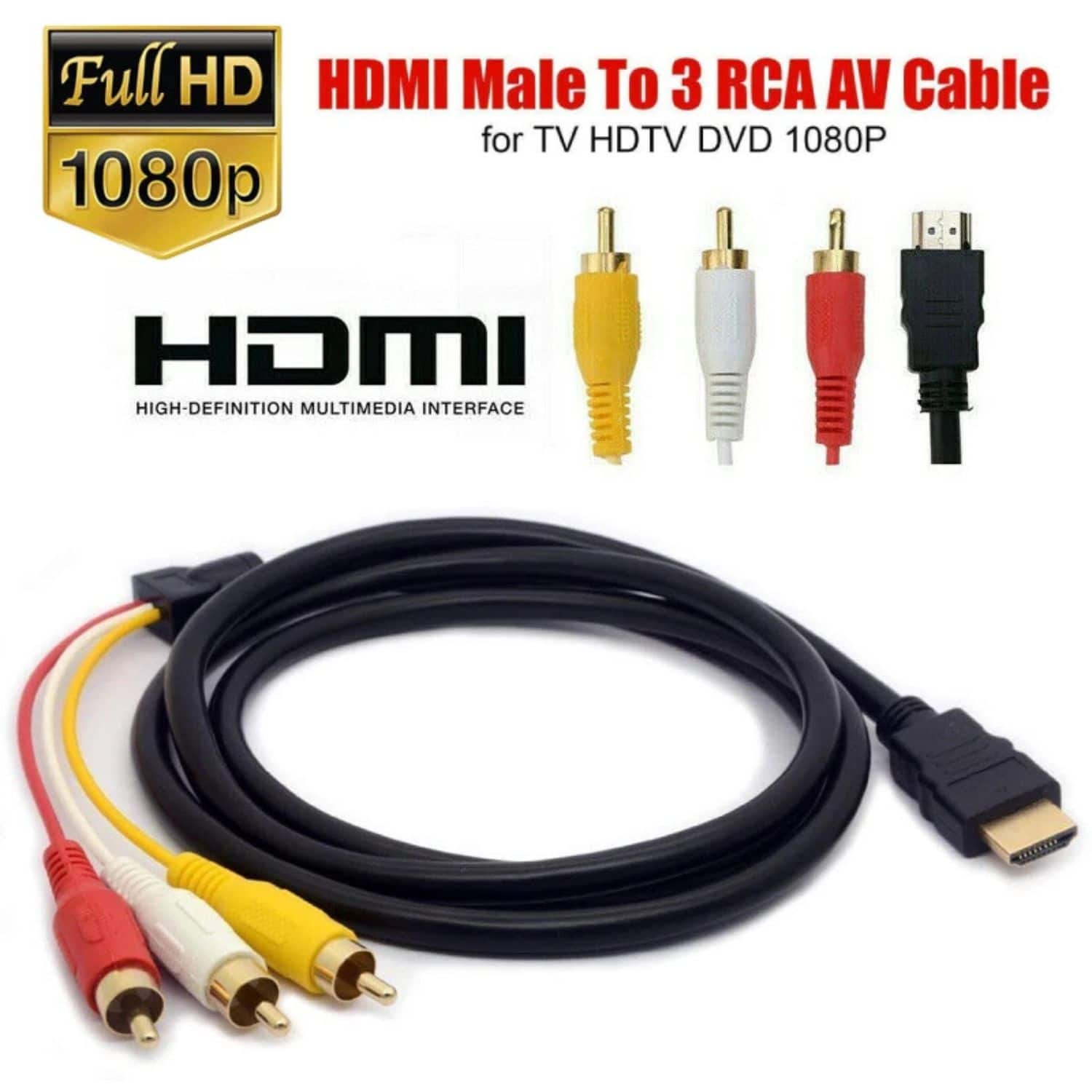 Full HD HDMI Male to 3 RCA AV Cable for TV HDTV DVD 1080P
1080p
HDMI
HIGH-DEFINITION MULTIMEDIA INTERFACE