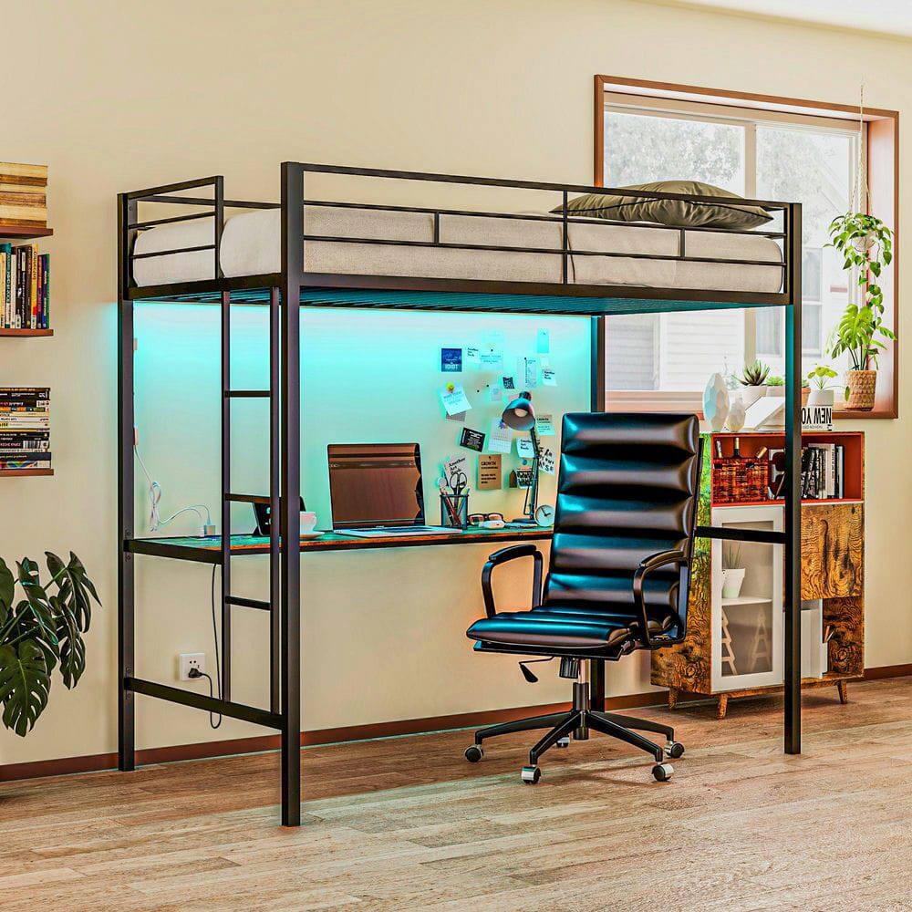 Front. Kadyn - Twin Size Loft Bed with Desk, LED Lights, Charging Station, Twin Metal Loft Bed Frame with Ladder, Black - Black.