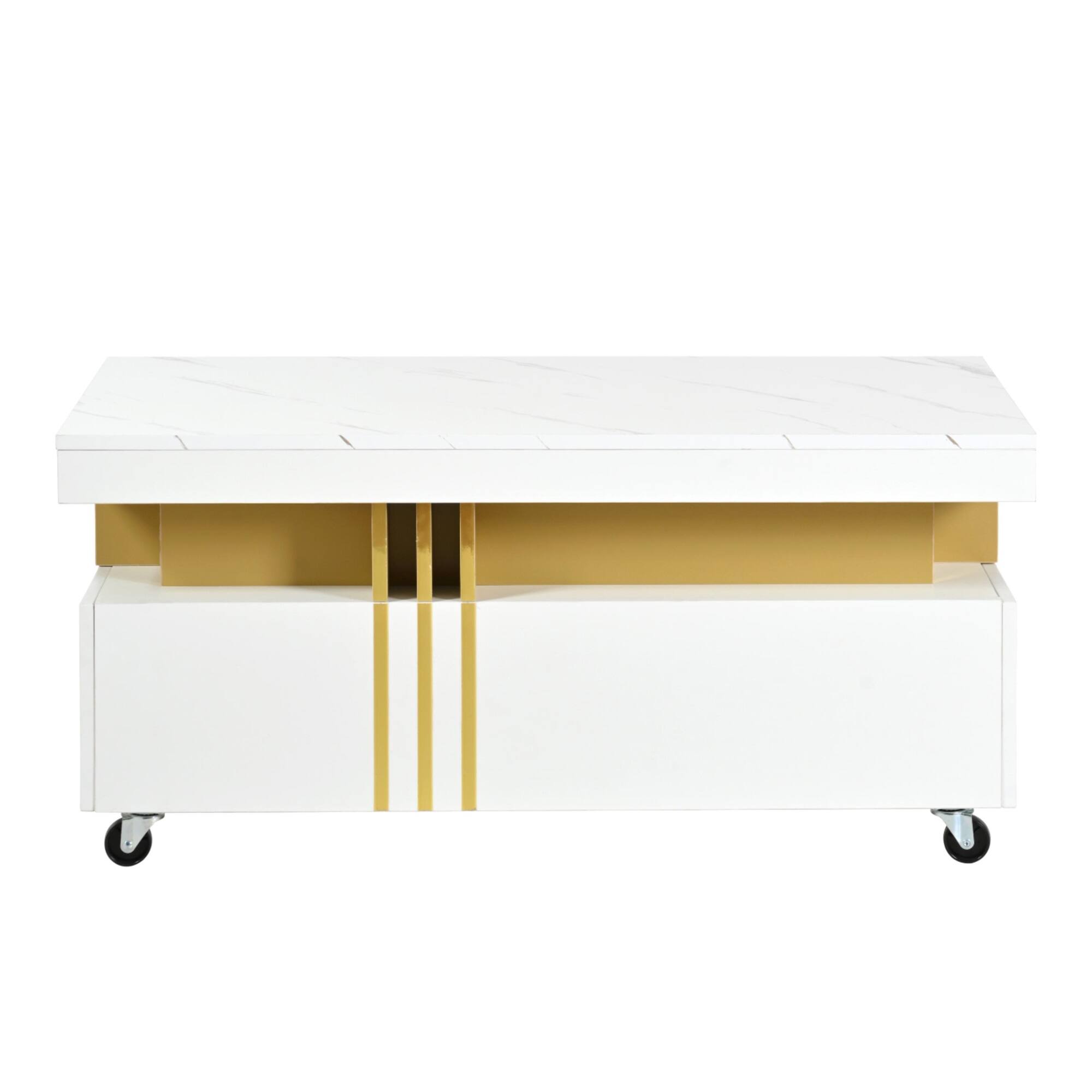 Alt View 8. Tiramisubest - Contemporary Coffee Table with Faux Marble Top,Caster Wheels,Moderate Luxury Center Table with Gold Metal Bars,White - White.