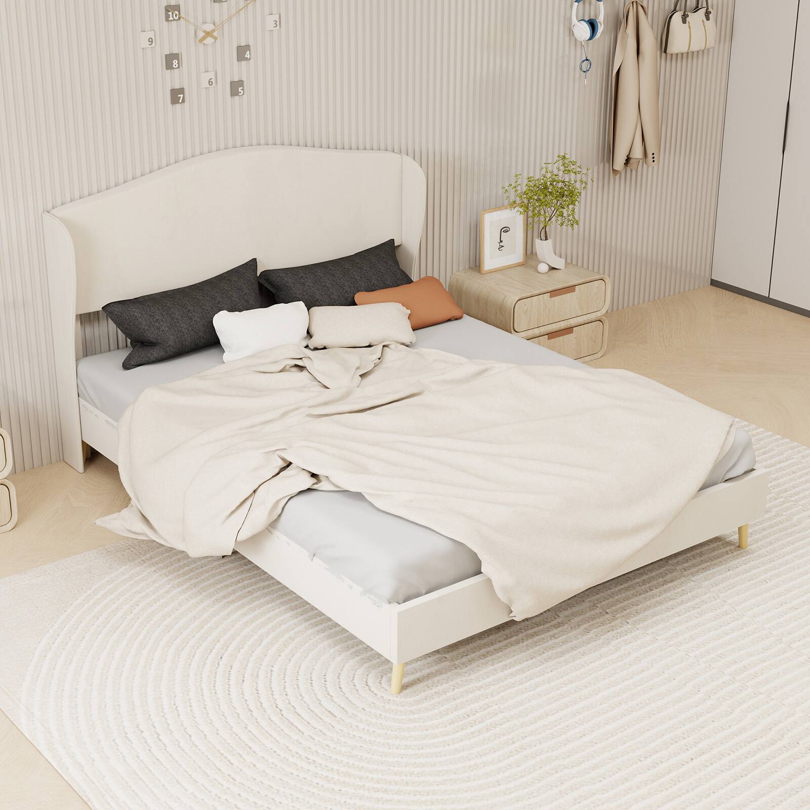 Angle. LUCKY ONE - Queen Size Velvet Bed Frame - Beige.