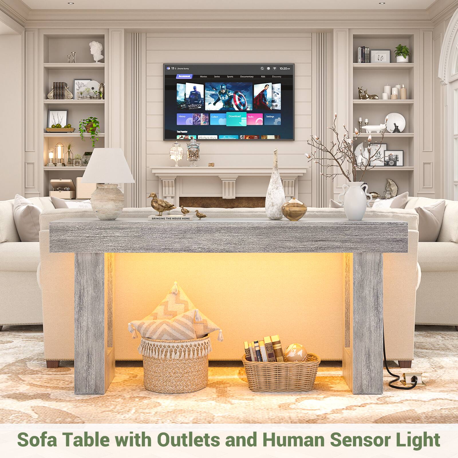 Sofa Table with Outlets and Human Sensor Light