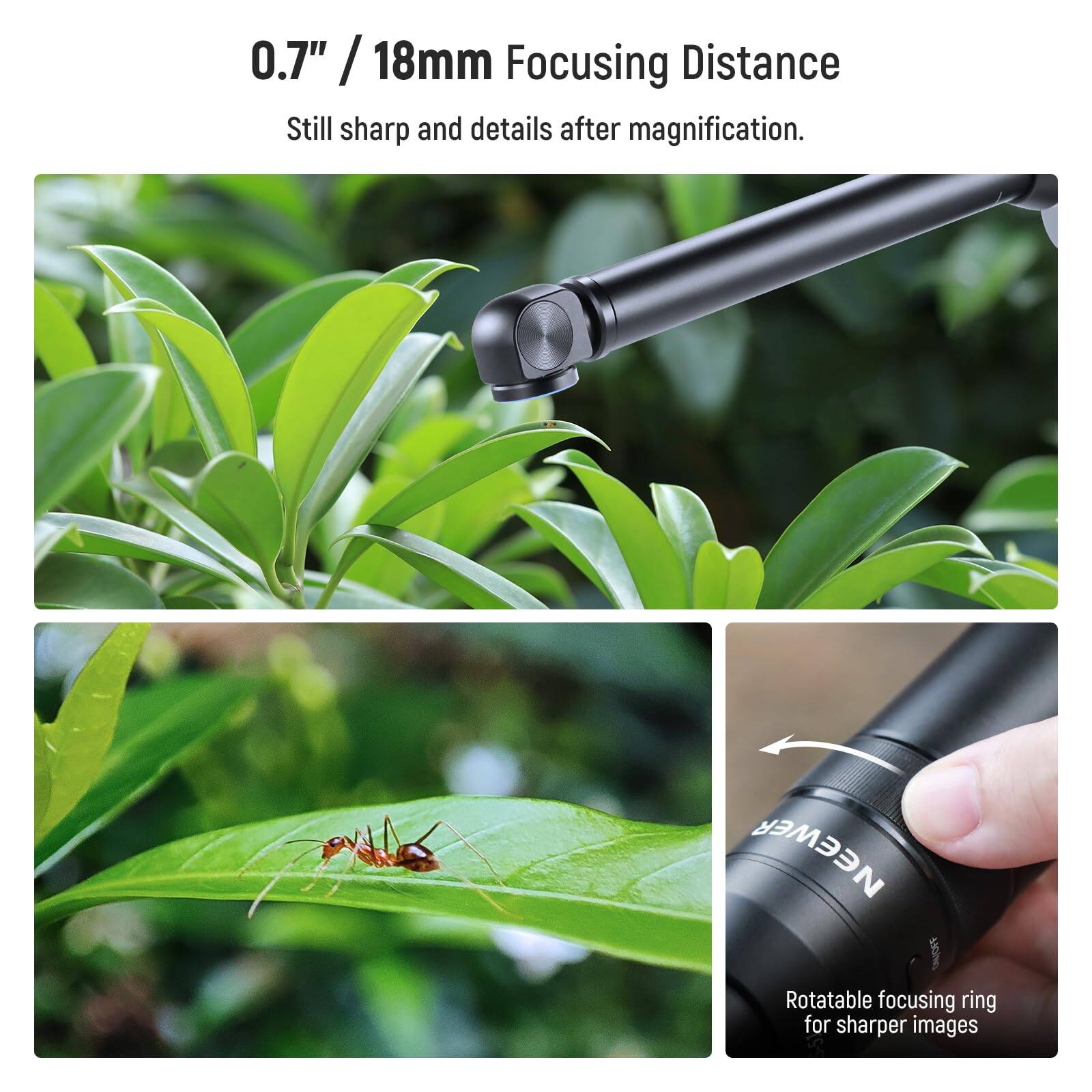 0.7" / 18mm Focusing Distance  
Still sharp and details after magnification.  

NEEWER Rotatable focusing ring for sharper images