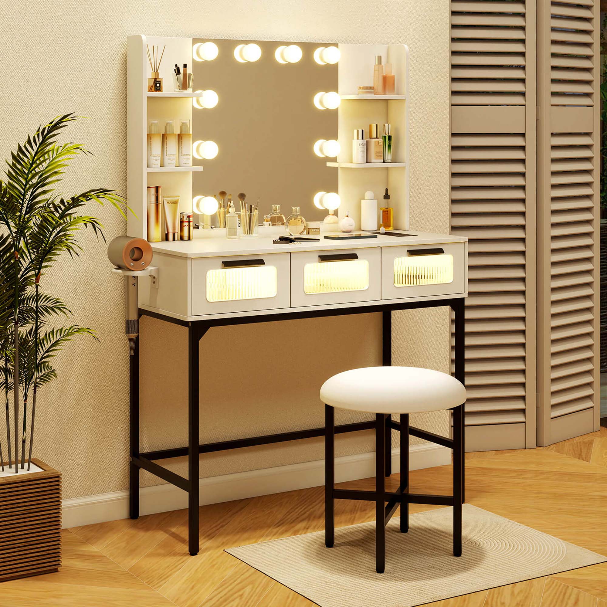Alt View 1. Costway - Costway Makeup Vanity Desk with Hollywood Mirror & Lights 3-Color Induction Lighting - White.