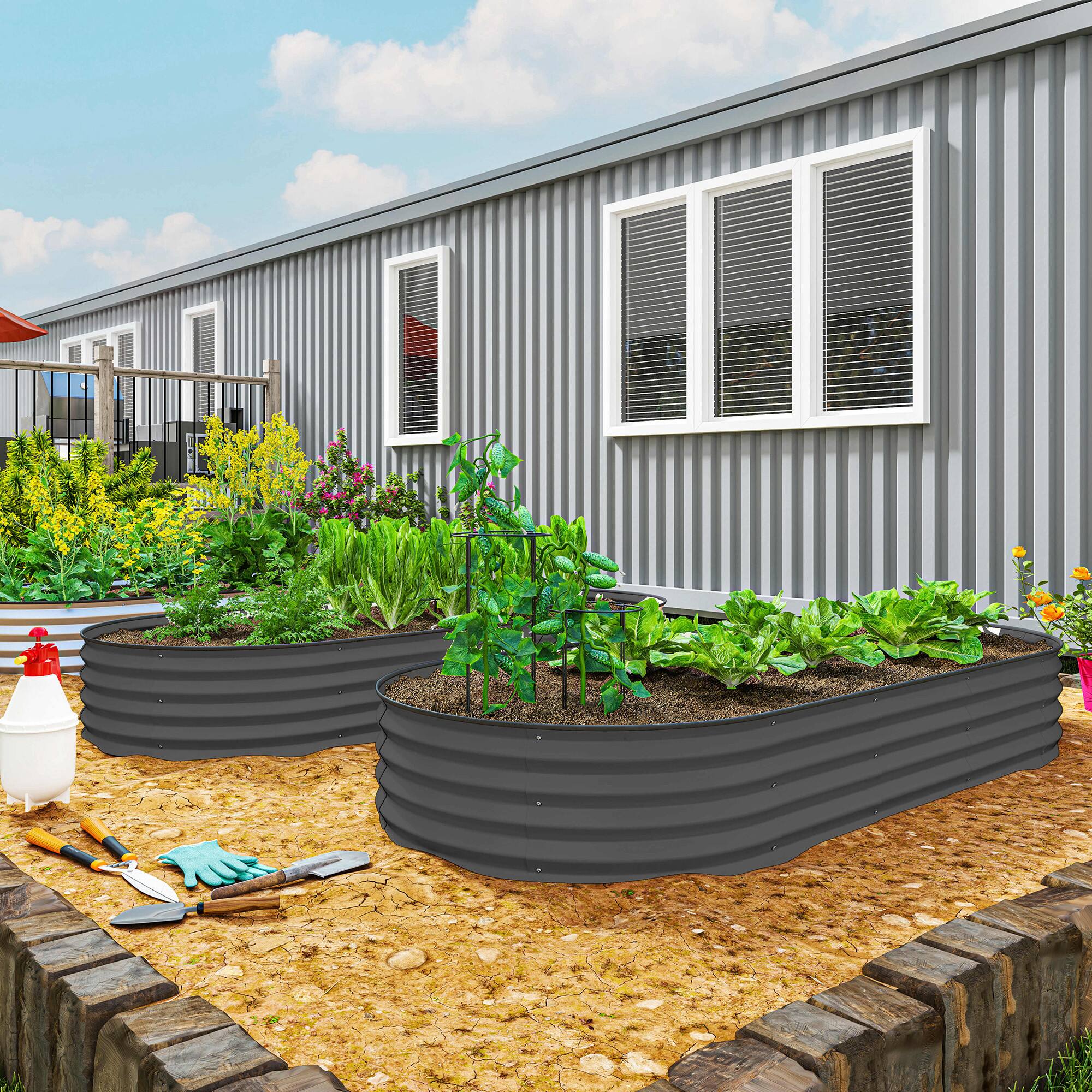 Alt View 1. Outsunny - x 3' x 1' Raised Garden Bed Set, 2PCS Raised Beds for Gardening with Metal Plant Stakes - Dark Gray.