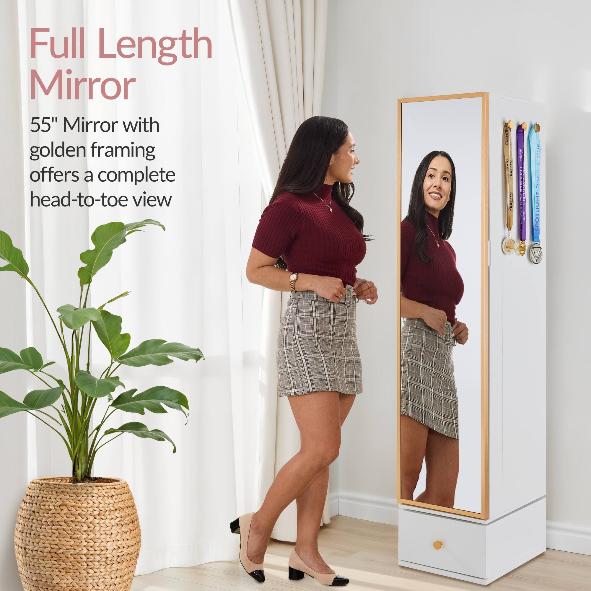 Full Length Mirror  
55" Mirror with golden framing offers a complete head-to-toe view