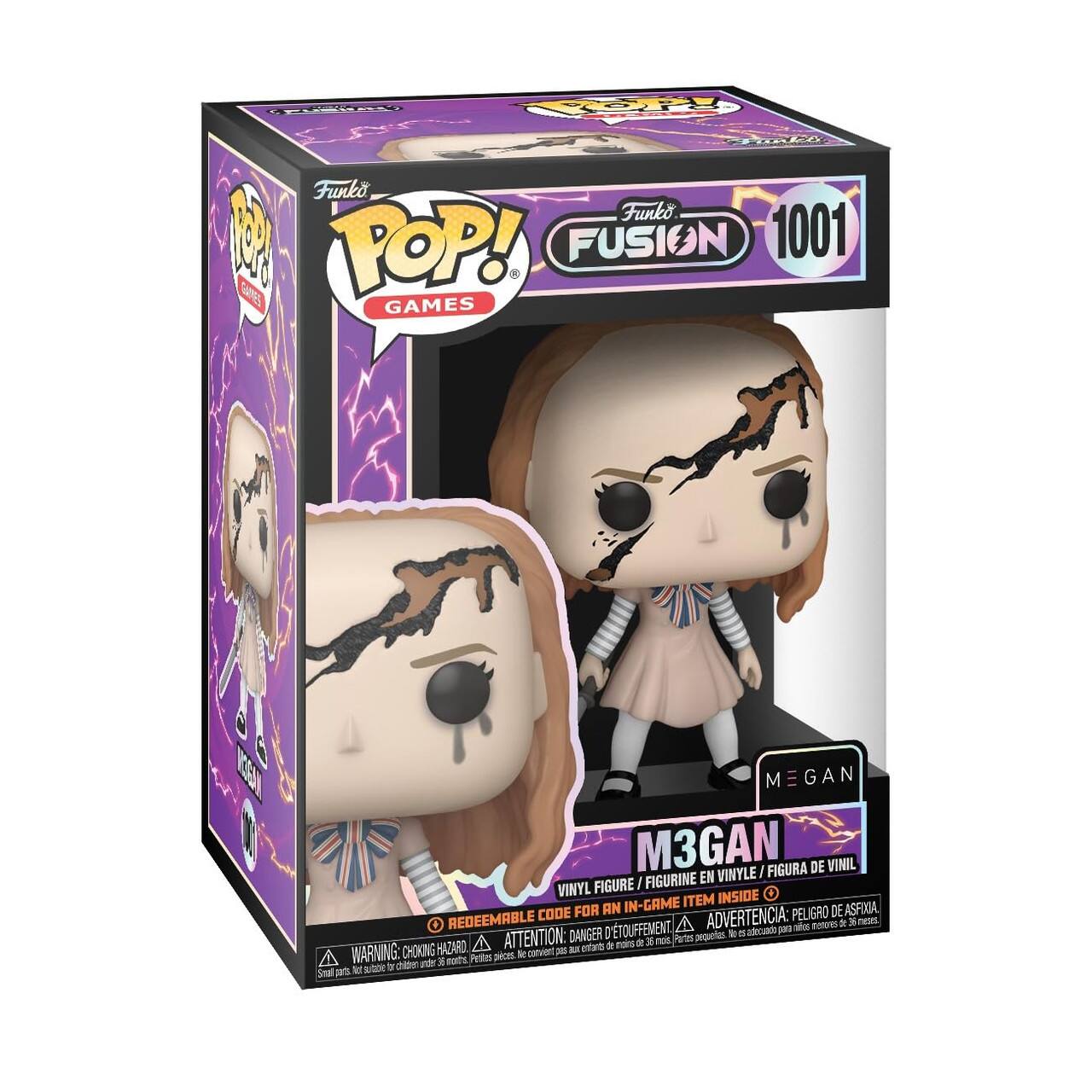 Funko POP! GAMES  
Funko FUSION 1001  

M3GAN  

VINYL FIGURE / FIGURINE EN VINYLE / FIGURA DE VINIL  
CODE FOR AN IN-GAME ITEM INSIDE / PELÍCULA DE ASFIXIA / ADVERTENCIA PELIGRO DETOUFFEMENT / ATTENTION: DANGER CHOKING HAZARD  

WARNING: CHOKING HAZARD. Small parts. Not for children under 3 years.  
ATTENTION: PELIGRO DE ASFIXIA. Piezas pequeñas. No es adecuado para niños menores de 3 años.  
ADVERTENCIA: DANGER CHOKING HAZARD. Petite pièce. Ne convient pas aux enfants de moins de 3 ans.  

REDEEMABLE CODE FOR AN IN-GAME ITEM INSIDE