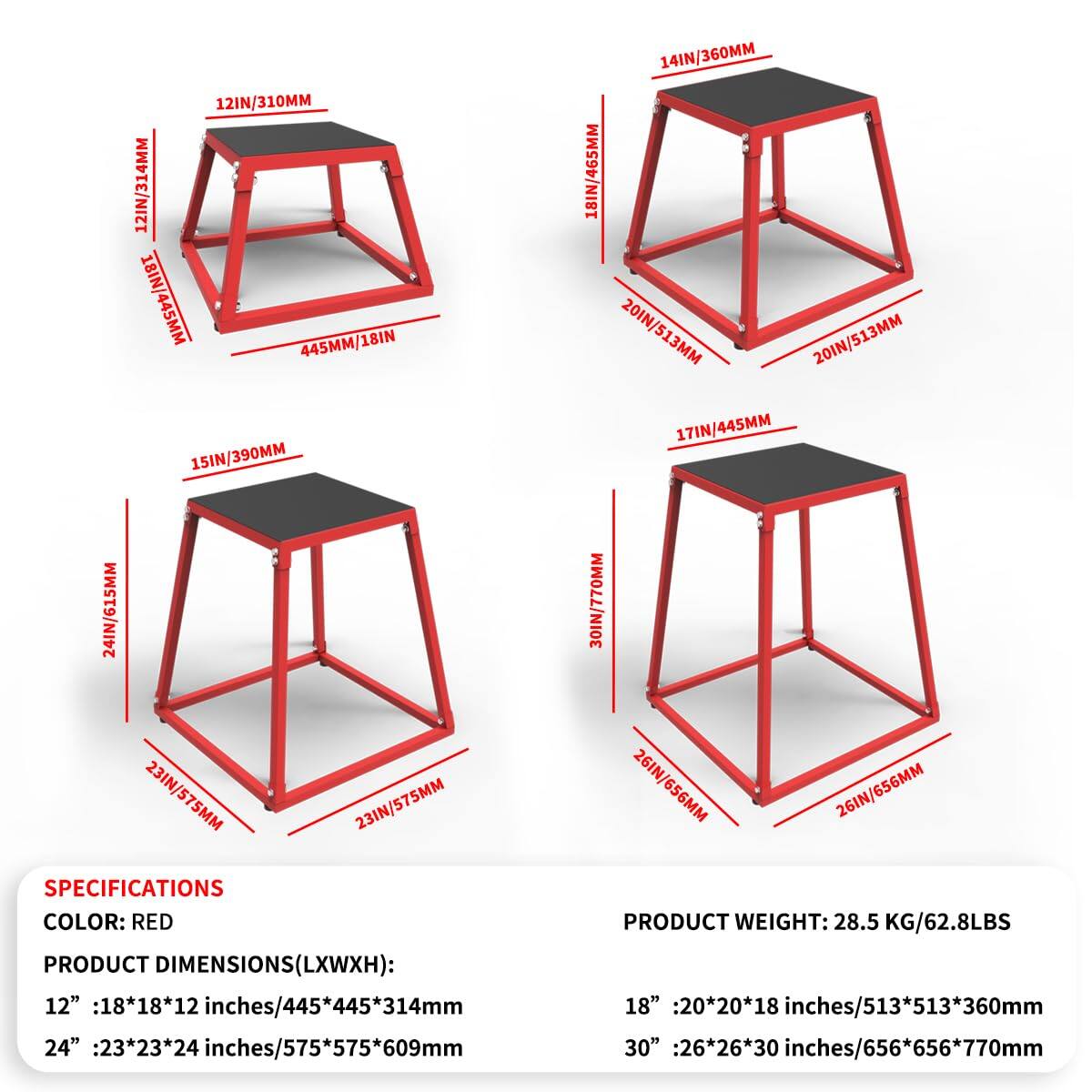 12IN/310MM  
12IN/314MM  
18IN/445MM  
445MM/18IN  
15IN/390MM  
14IN/360MM  
18IN/465MM  
20IN/513MM  
20IN/513MM  
17IN/445MM  
24IN/615MM  
23IN/575MM  
23IN/575MM  
30IN/770MM  
26IN/656MM  
26IN/656MM  

SPECIFICATIONS  
COLOR: RED  
PRODUCT DIMENSIONS(LXWXH):  
12": 18*18*12 inches/445*445*314mm  
24": 23*23*24 inches/575*575*609mm  
18": 20*20*18 inches/513*513*360mm  
30": 26*26*30 inches/6