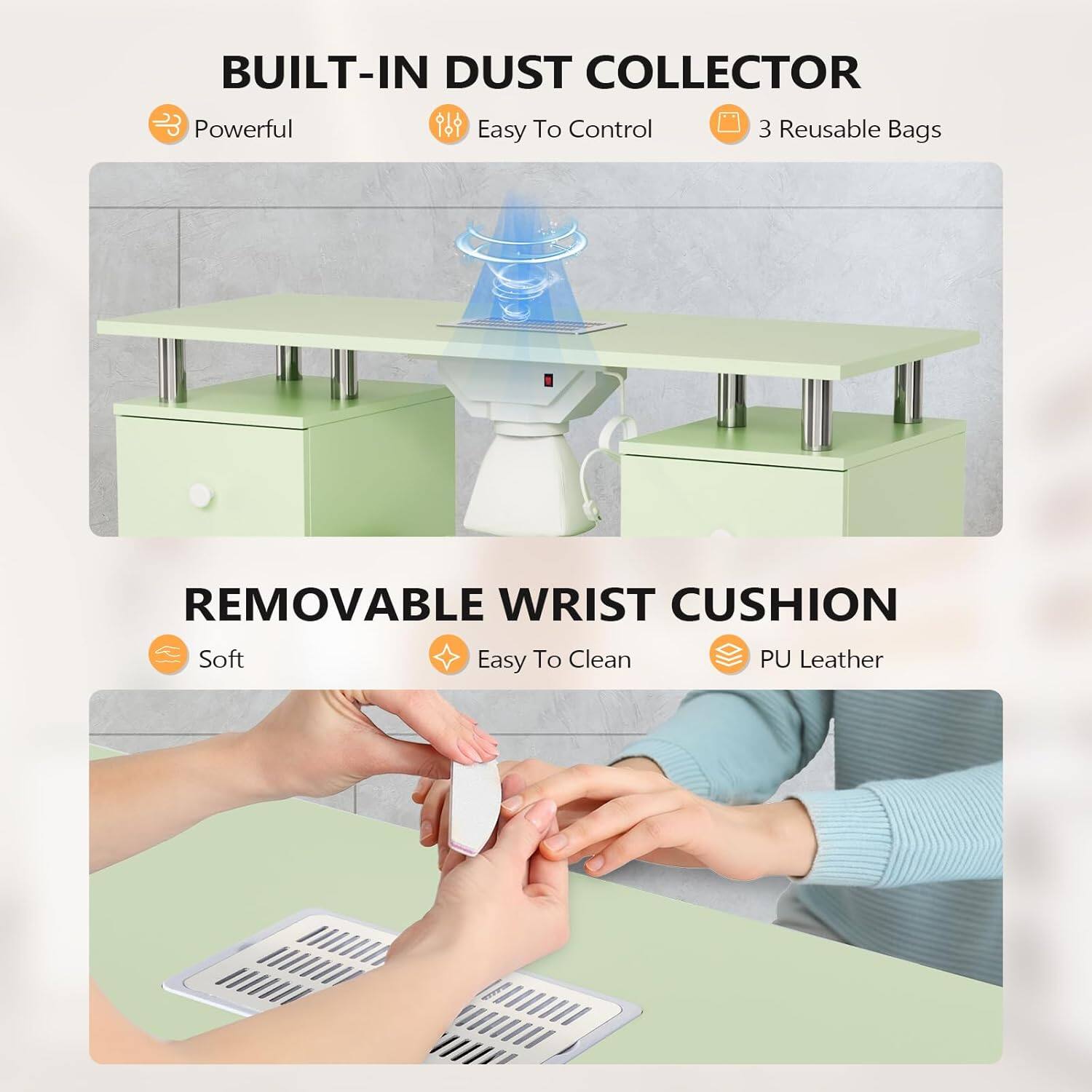 BUILT-IN DUST COLLECTOR  
- Powerful  
- Easy To Control  
- 3 Reusable Bags  

REMOVABLE WRIST CUSHION  
- Soft  
- Easy To Clean  
- PU Leather