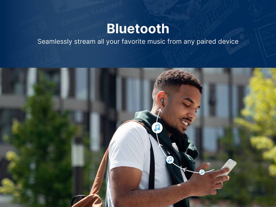 Vanguard radio Rate Emerson 88 8transistor with Bluetooth. Seamlessly stream all your favorite music from any paired device.