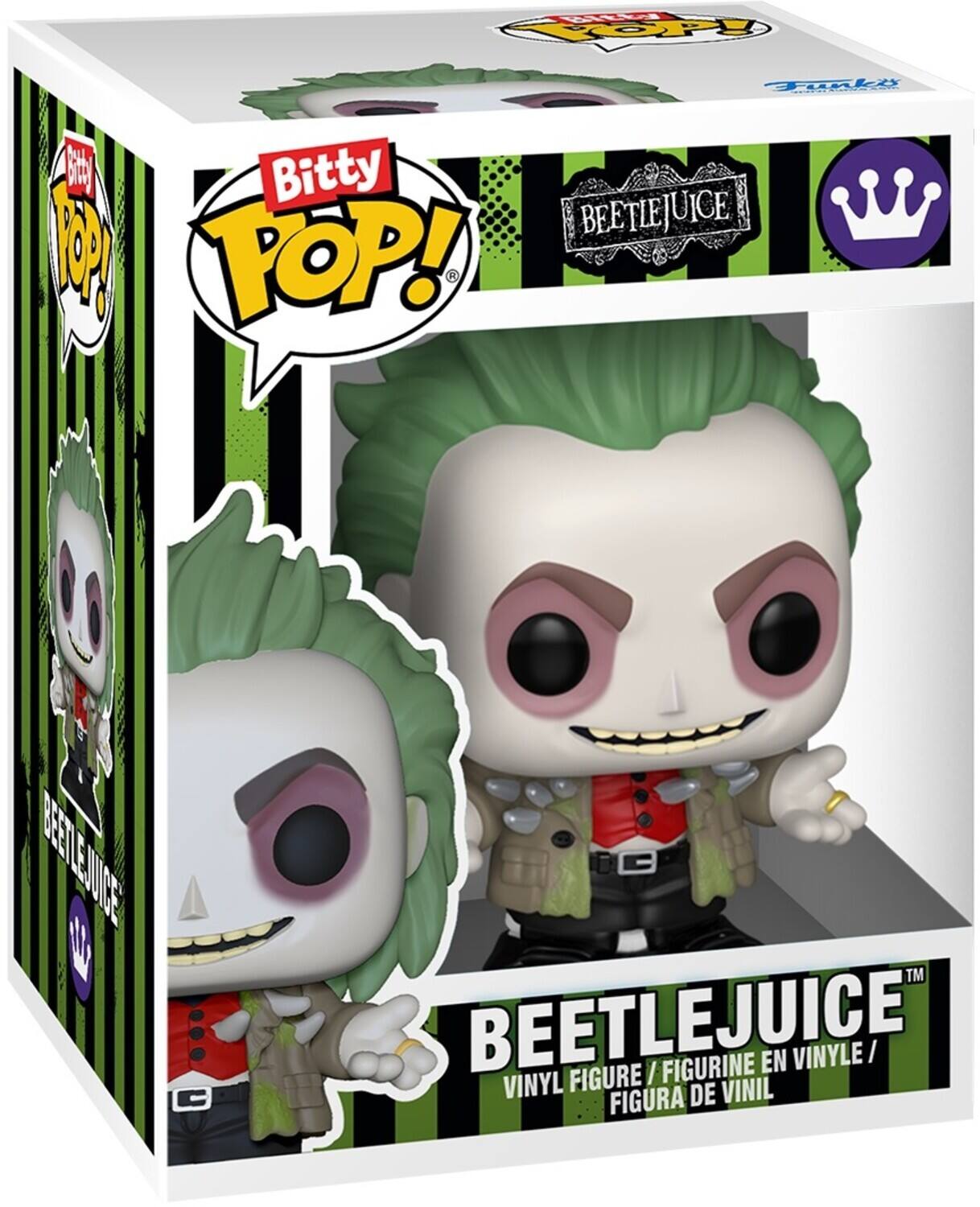 The text on the image is:

"Bitty Pop! Beetlejuice D1 - TM Beetlejuice / Figurine en Vinyle / Vinyl Figure Vinil Figura de Vinil"

Corrected and grouped:

"Bitty Pop! Beetlejuice D1 - TM Beetlejuice / Figurine en Vinyle / Vinyl Figure / Vinil Figura de Vinil"