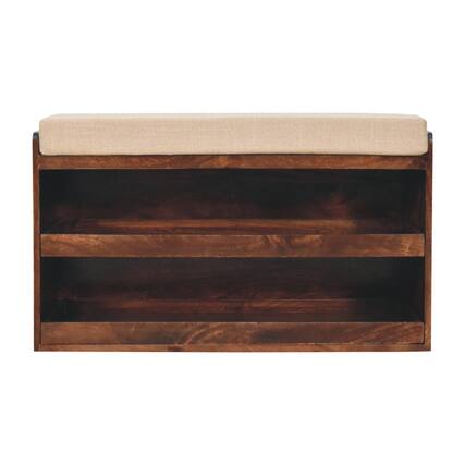 Front. Artisan Furniture - Artisan Furniture Solid Wood California Walnut & Mud Linen Pull out Shoe Bench, Upholstered, 2 Shelves, Brown & White - Brown & White.