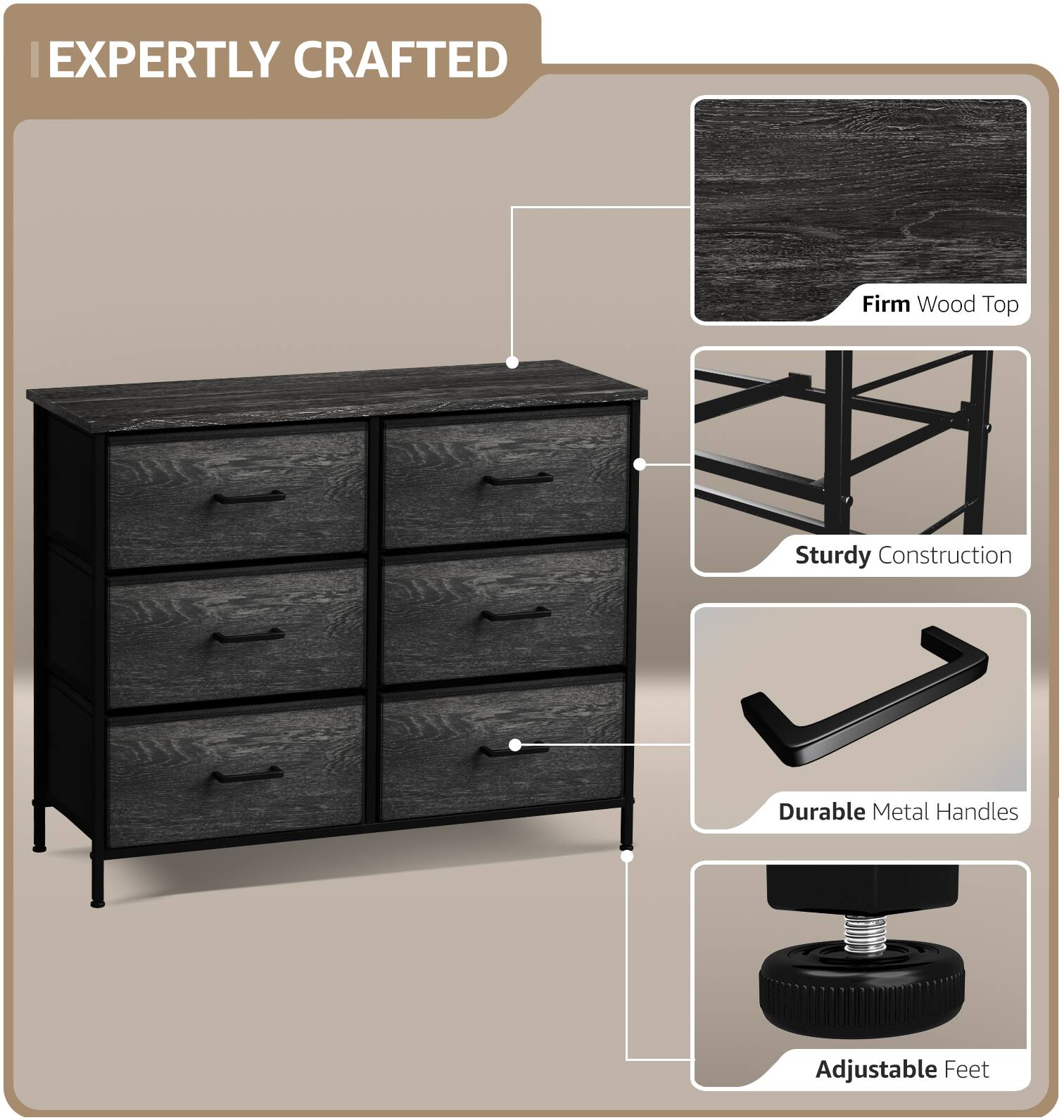 EXPERTLY CRAFTED

- Firm Wood Top
- Sturdy Construction
- Durable Metal Handles
- Adjustable Feet