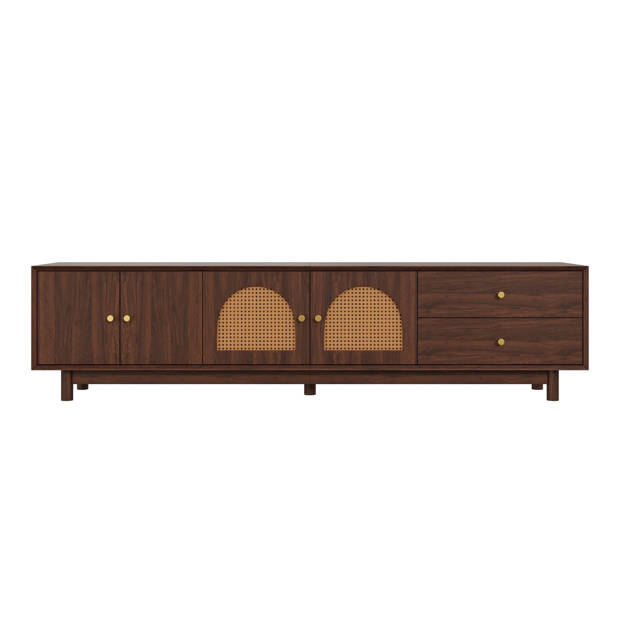 Alt View 4. MERAVOM - Rattan TV Stand for 85 Inch TVs, Entertainment Center with Storage Cabinets and Drawers, Media Console for Living Room - Walnut.