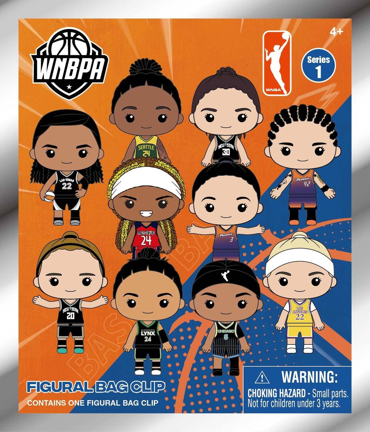 4+ WNBPA WNBA Series 1

SEATTLE 24  
HESUTHORA 30  
LM VERAS 22  
PAJRAE 42  
unskugton 24  
E MU FHA OS LYNX 24  
BAS FIGURAL BAG CLIP  
CONTAINS ONE FIGURAL BAG CLIP  

WARNING: CHOKING HAZARD - Small parts. Not for children under 3 years.
