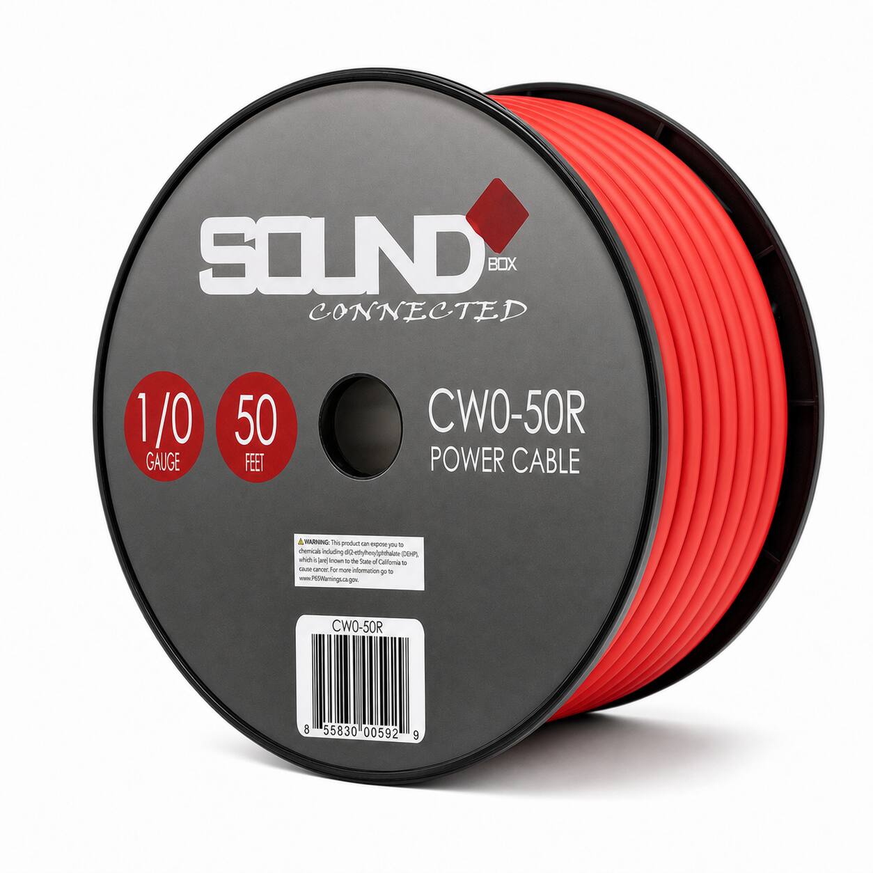 SOUND BOX CONNECTED  
1/0 GAUGE  
50 FEET  
CWO-50R POWER CABLE  

WARNING: This product can expose you to chemicals including di(2-ethylhexyl)phthalate (DEHP) which is known to the State of California to cause birth defects or other reproductive harm. For more information go to www.P69Warnings.ca.gov  

CWO-50R  
8 55830 00592 9
