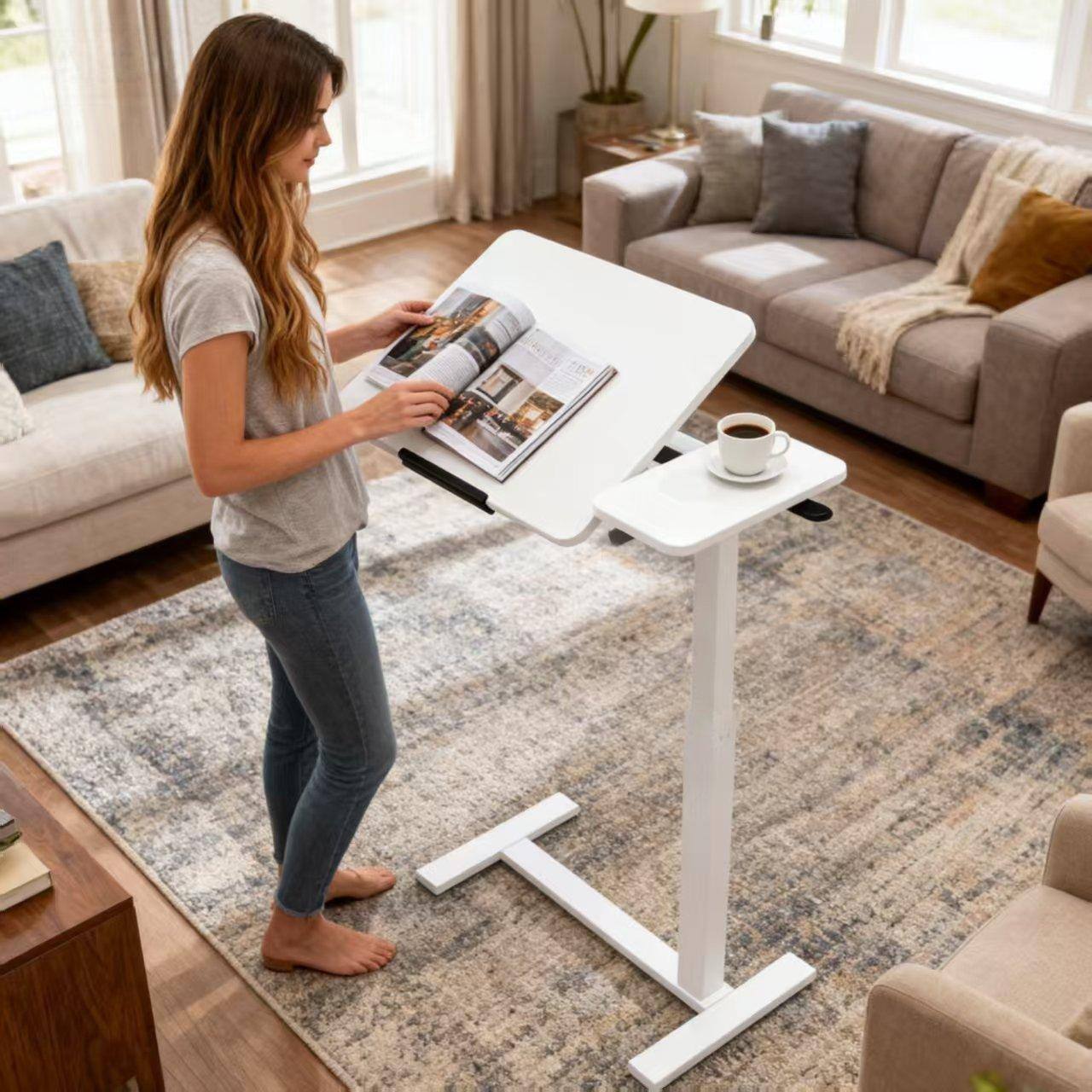 Left. Loheer - Loheer Mobile Standing Desk White Height Adjustable Rolling Laptop Table Overbed Bedside Desk with Flip Top - White.