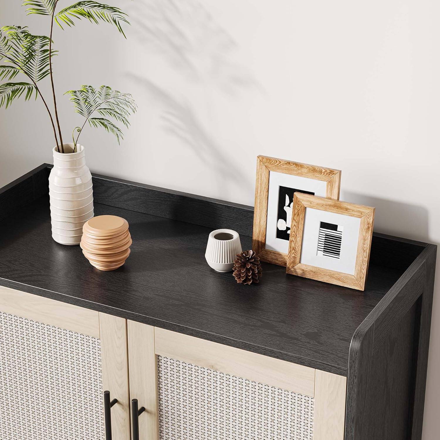 Left. Acekool - Black Rattan 5-Tier Shoe Storage Cabinet with Doors, Adjustable Shelves & Metal Legs for Entryway, Hallway - Black+natural.