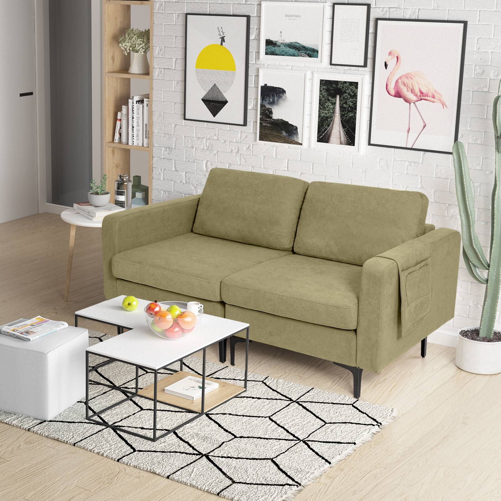 Costway Modern Loveseat Linen Fabric 2 Seat Sofa Couch w/ Side