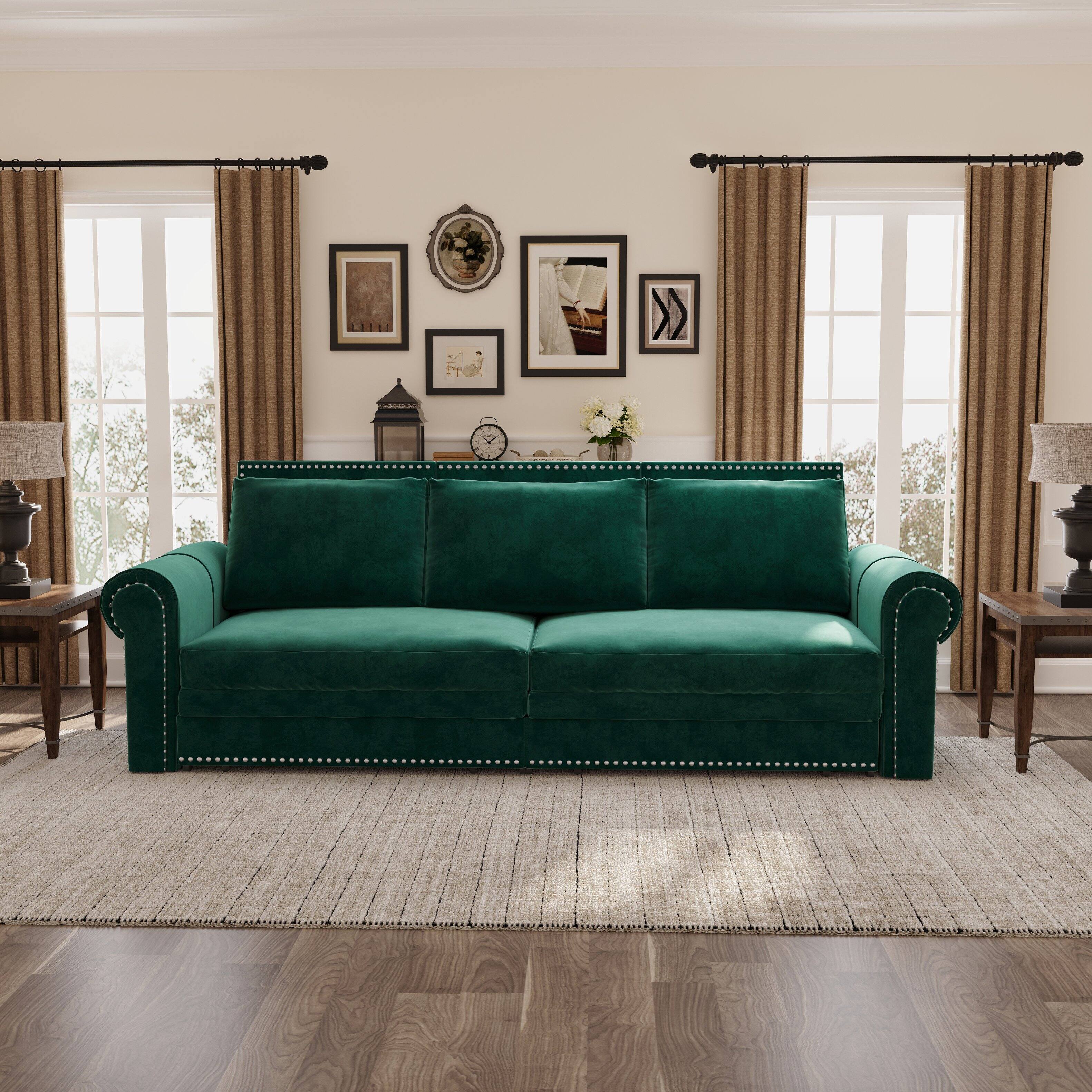 Front. GlowWise - 93.7" Chesterfield Sofa Bed, Velvet 3-in-1 Convertible Sleeper with Nailhead Trim, Green - Green.