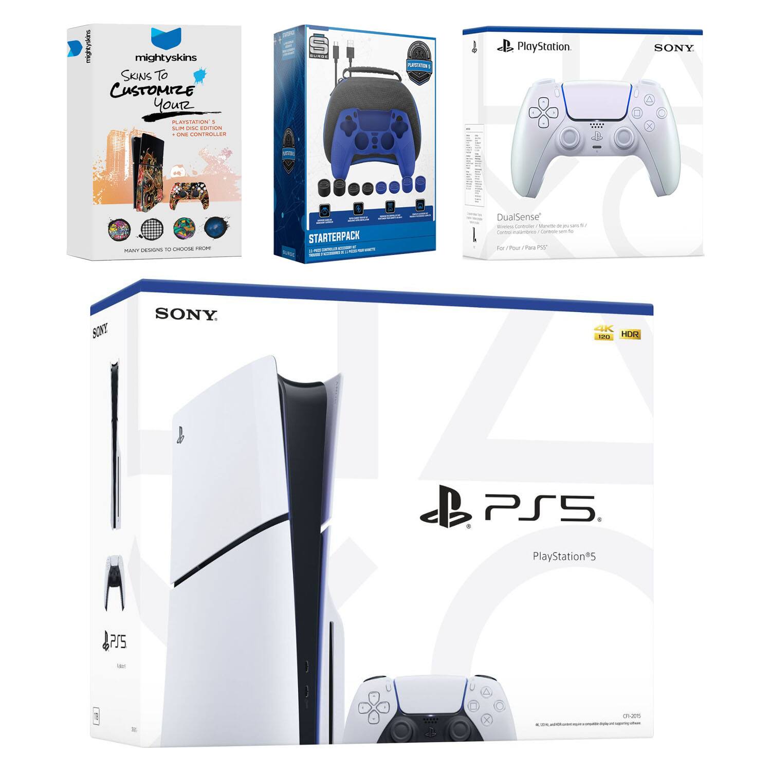 mighty skins  
Skins To Customize Your  
PS5 Slim Disc Edition  
One Controller  

MANY DESIGNS TO CHOOSE FROM  

STARTERPACK  

DualSense™  
Controller  
For PS5  

PlayStation®5  
PlayStation®5  

SONY  

4K  
HDR  

PS5  
PlayStation®5  

SONY