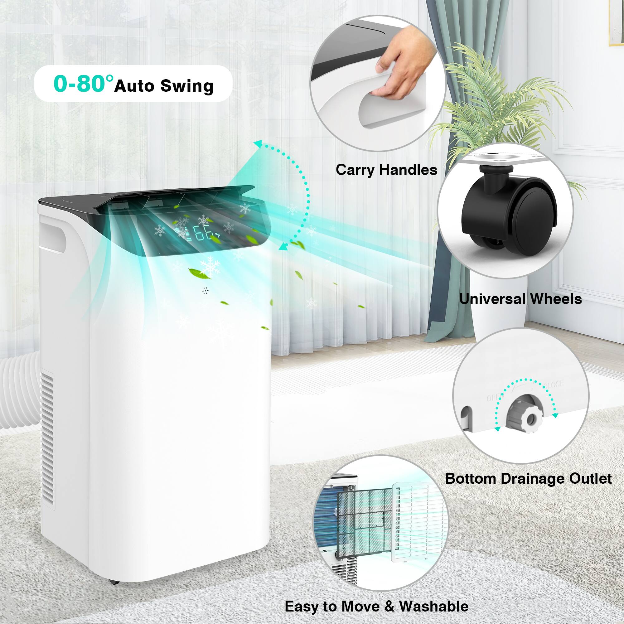 - 0-80° Auto Swing
- Carry Handles
- Universal Wheels
- Bottom Drainage Outlet
- Easy to Move & Washable