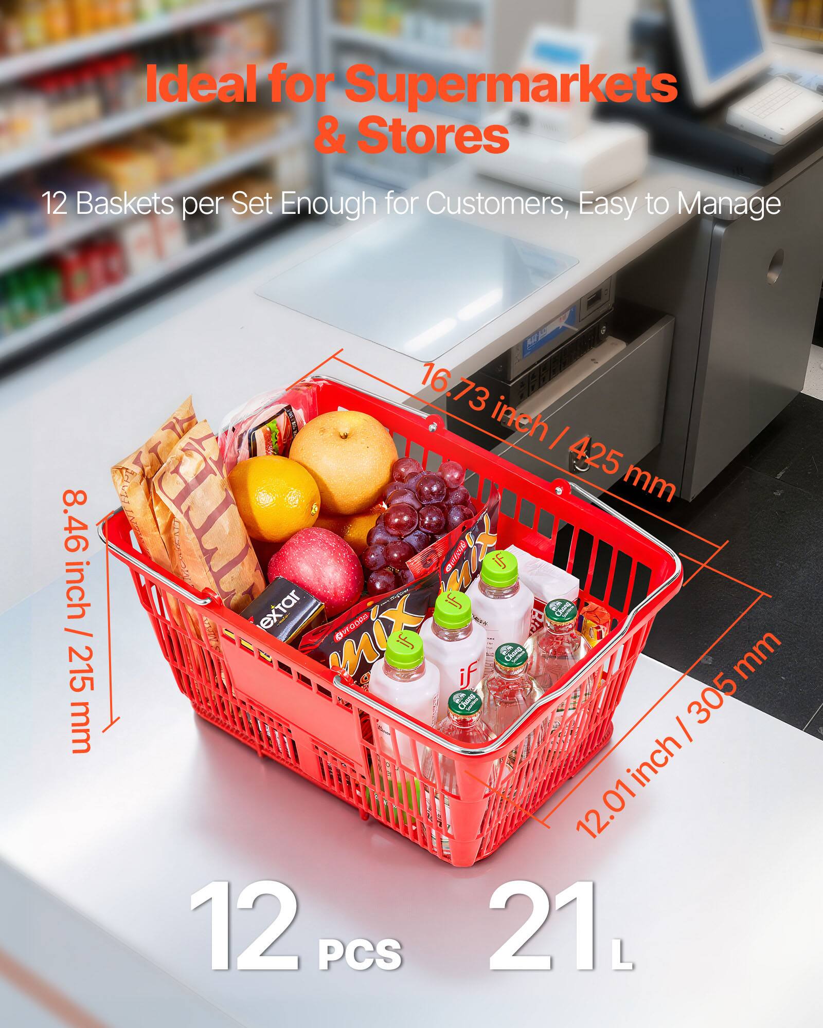 Ideal for Supermarkets & Stores  
12 Baskets per Set Enough for Customers, Easy to Manage  

16.73 inch / 425 mm  
8.46 inch / 215 mm  
12.01 inch / 305 mm  

12 PCS  
21 L