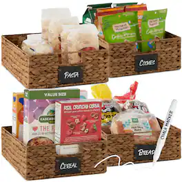 Best Choice Products - Set of 4 16x12in Woven Water Hyacinth Pantry Baskets w/ Chalkboard Label, Chalk Marker - Chestnut