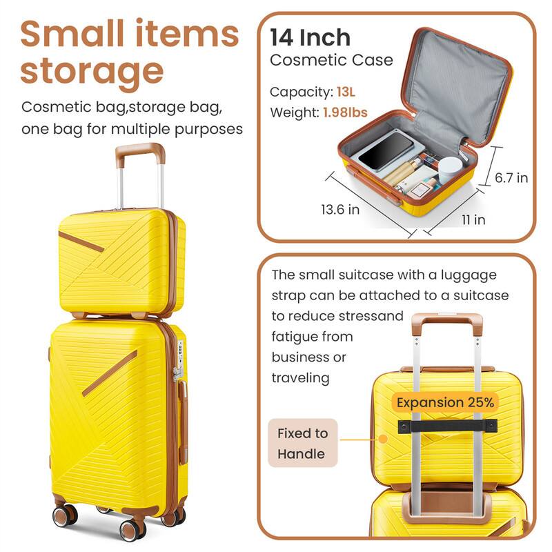 Small items storage  
Cosmetic bag, storage bag, one bag for multiple purposes  

14 Inch Cosmetic Case  
Capacity: 13L  
Weight: 1.98lbs  

The small suitcase with a luggage strap can be attached to a suitcase to reduce stress and fatigue from business or traveling  

Expansion 25%  
Fixed to Handle  

Dimensions:  
6.7 in x 13.6 in x 11 in