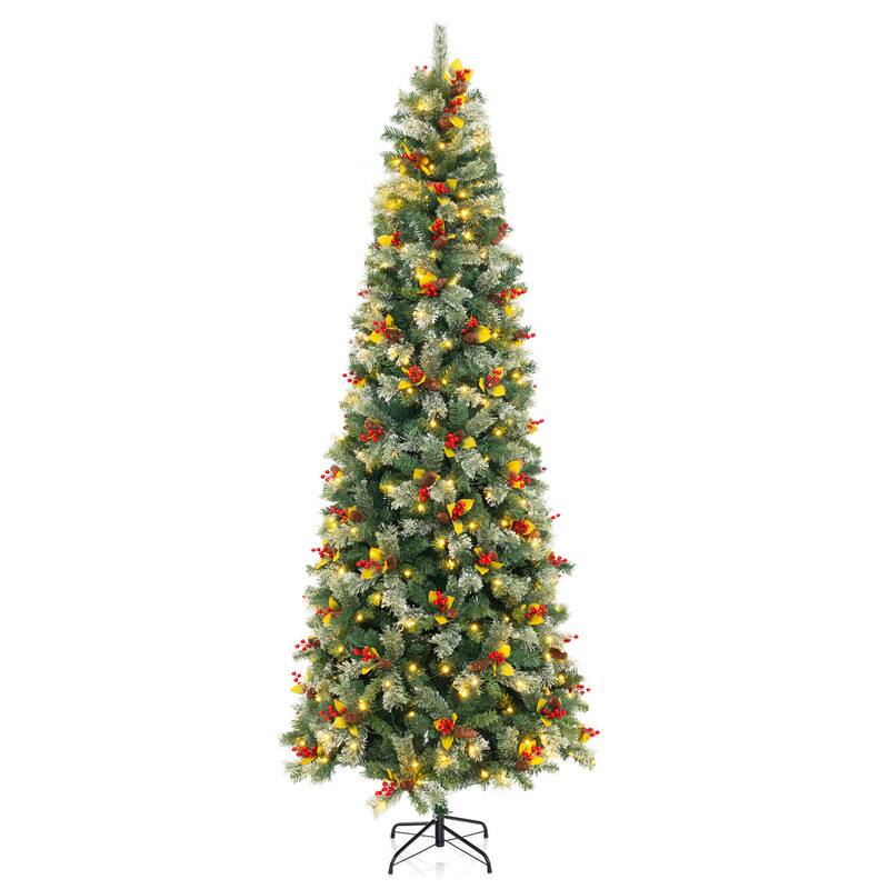 Front. WELLFOR - 9 ft Prelit Mixed PVC‑Pine Needle Artificial Hinged Christmas Tree with Warm White Lights,1416 Full Branch Tips - Green.