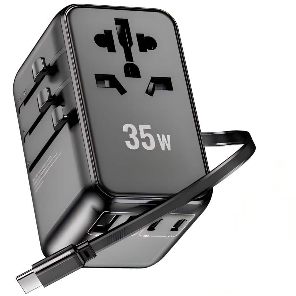 HONGGE - 35W Retractable Travel Charger with Magnetic Cable and Universal Plug Adapters - Blakc