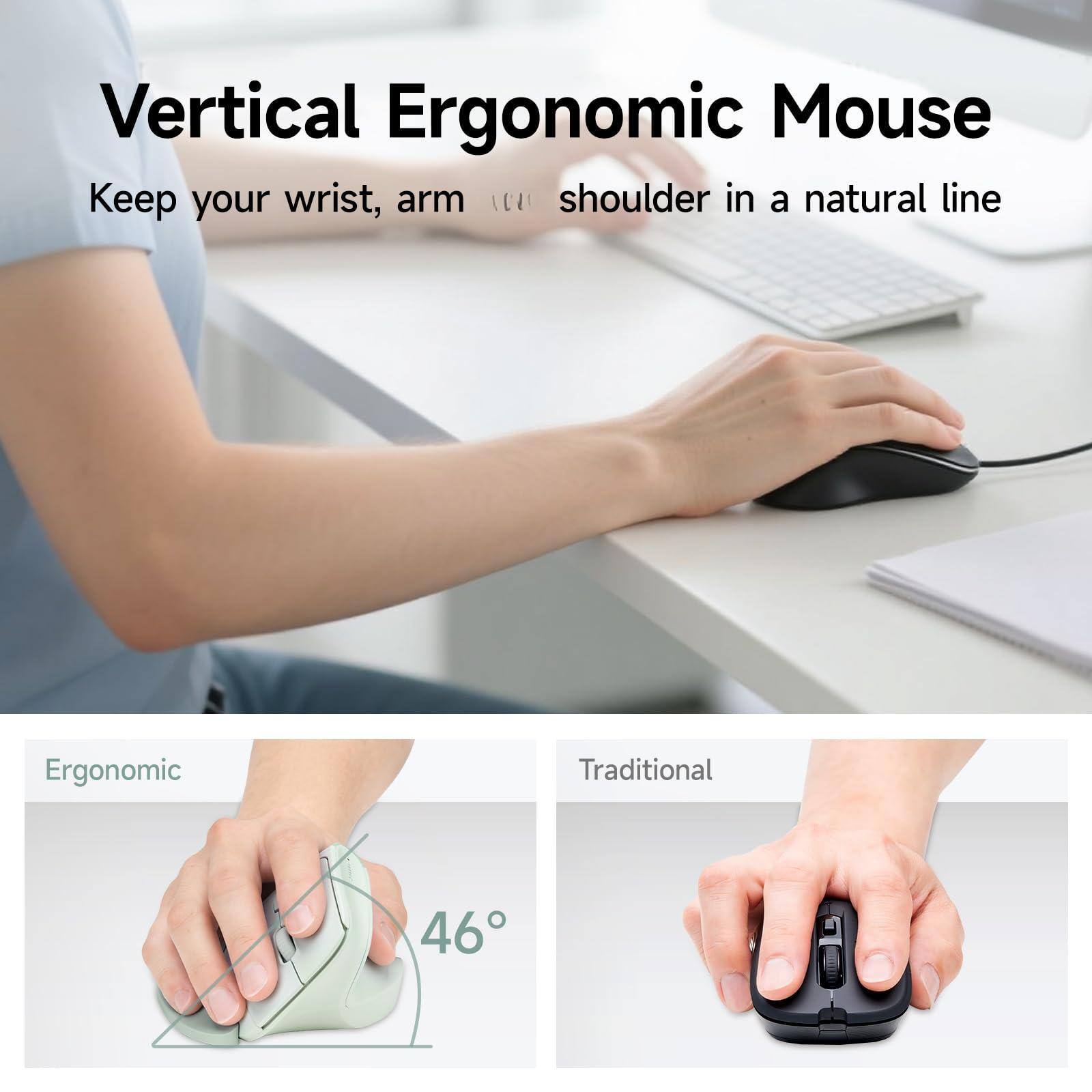 Vertical Ergonomic Mouse  
Keep your wrist, arm, and shoulder in a natural line  

Ergonomic  
46°  

Traditional