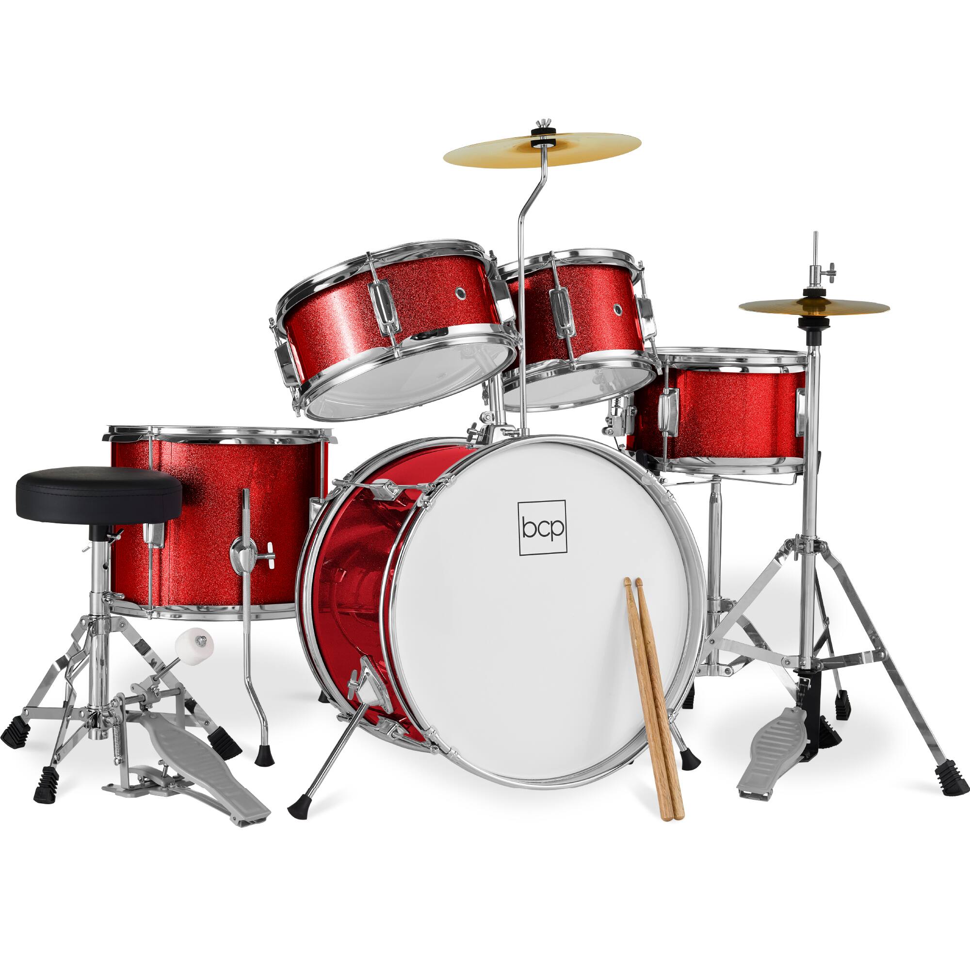Best Choice Products - 5-Piece Kids Beginner Junior Drum Set, Percussion Instrument Starter Kit w/ Stool - Red Sparkle