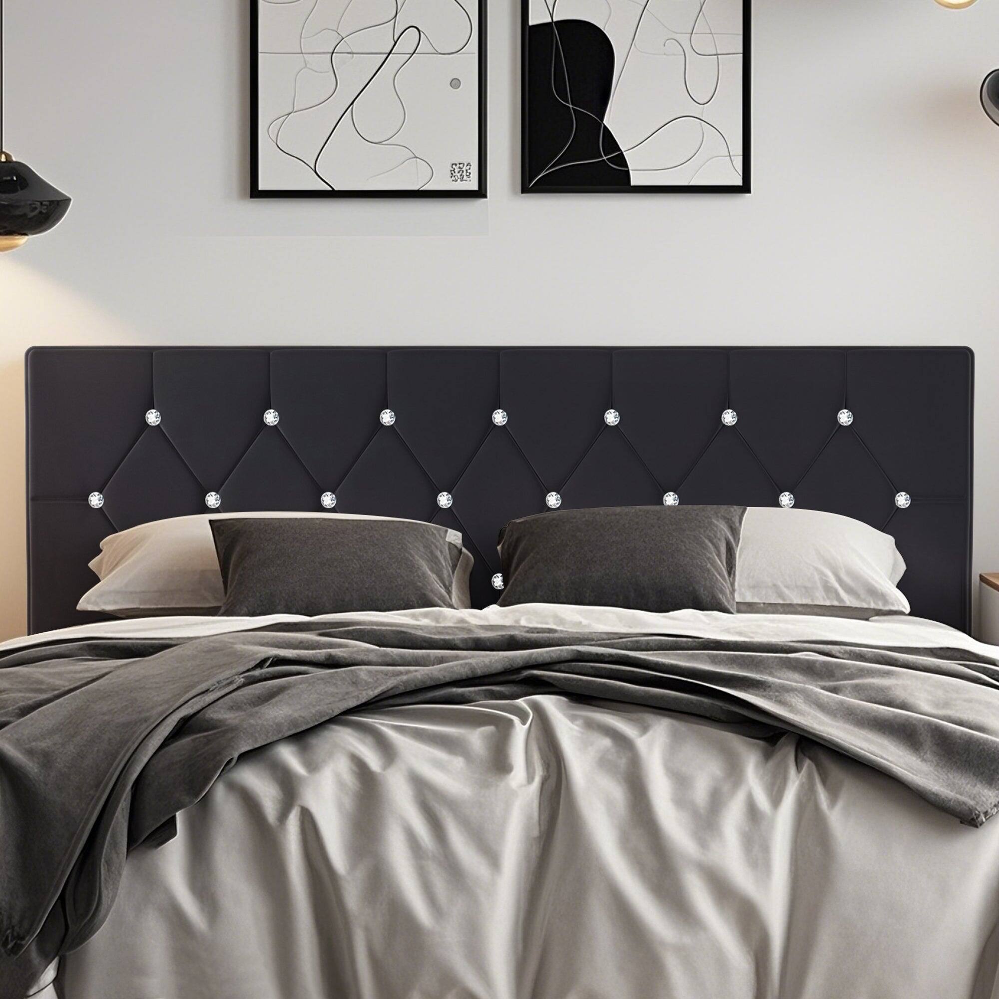 Alt View 4. Vecelo - Adjustable Velvet King Headboard with Diamond Tufting, Upholstered Modern Headboard for King Size Bed, Metal Legs - Black.