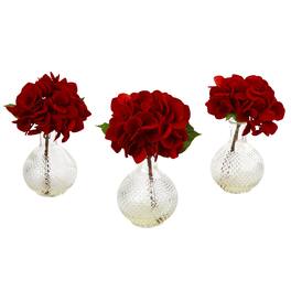 BreeBe - 12" HYDRANGEA IN GLASS VASE - Red