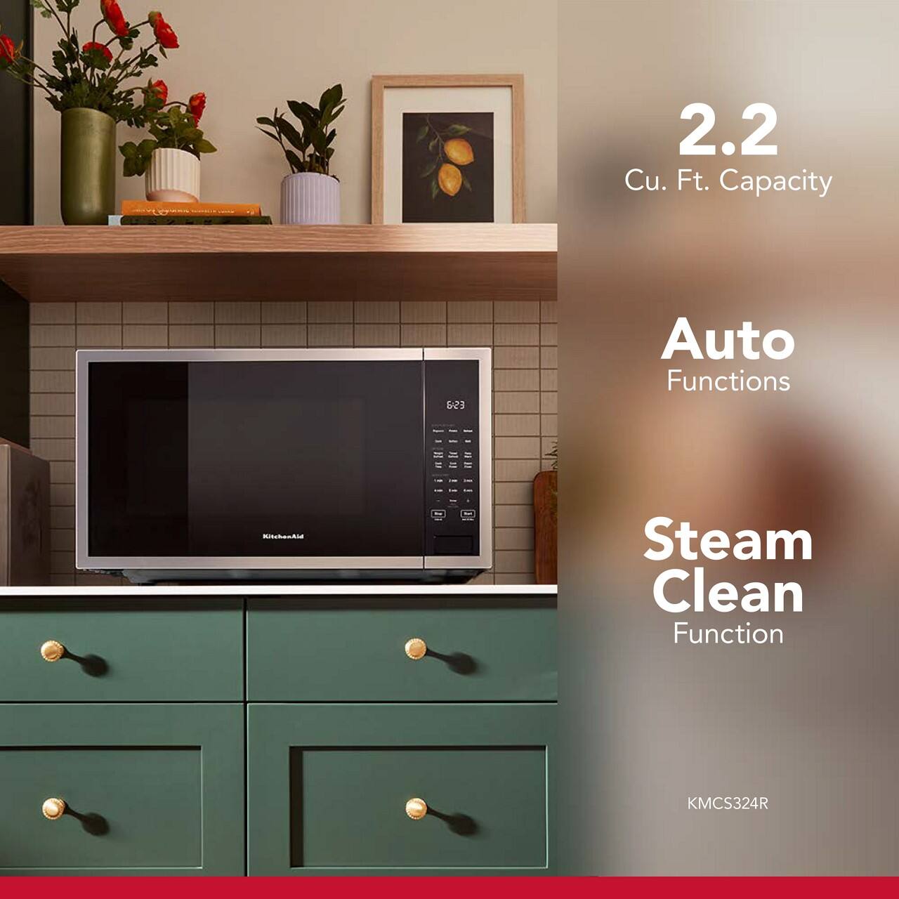 The text on the image reads: "2.2 Cu. Ft. Capacity, Auto Functions, Steam Clean Function, KMCS324R." This information is likely describing the features of a microwave oven.