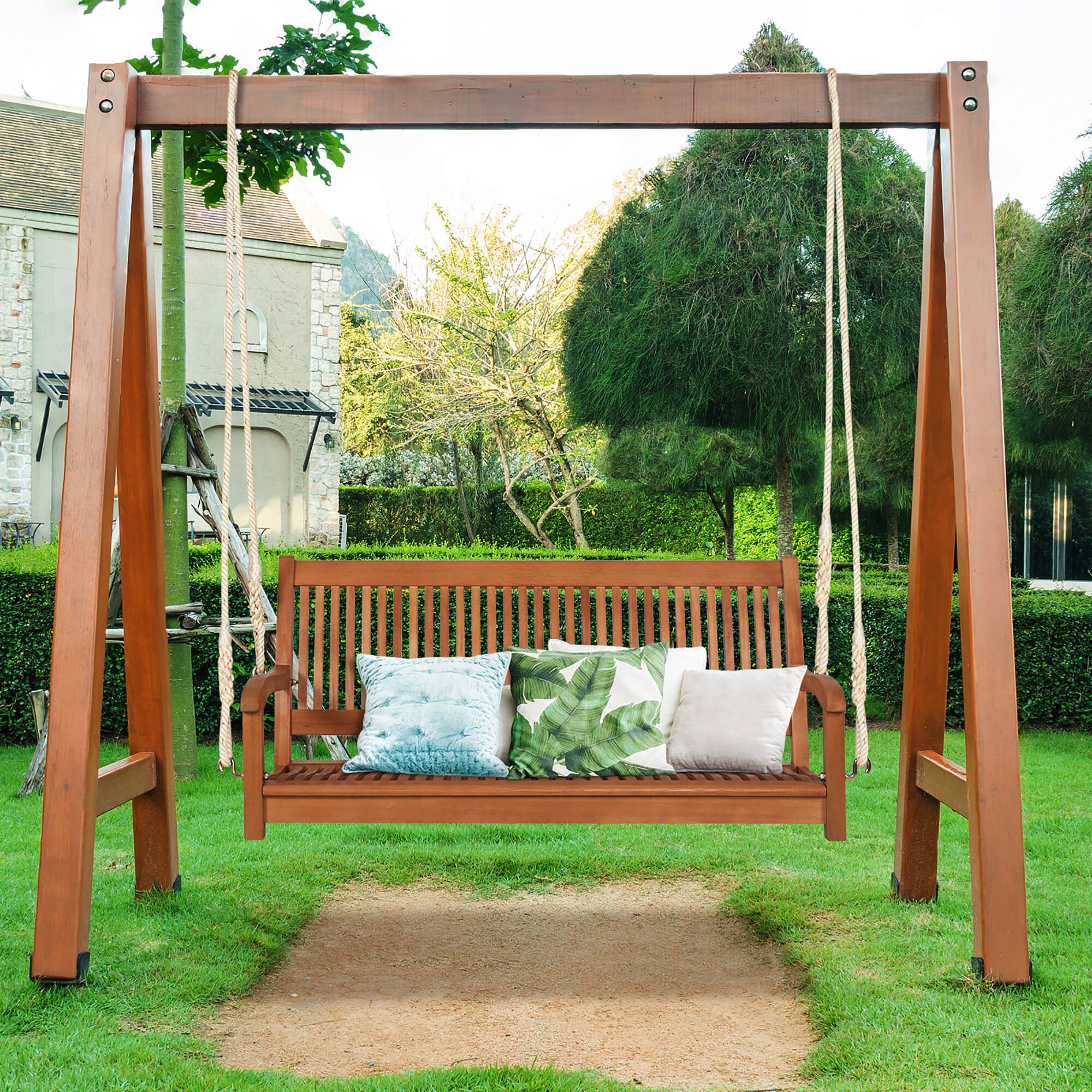 Alt View 3. Gymax - Gymax 2-Seat Patio Hanging Wooden Porch Swing Bench w/ Cushion & Hanging Ropes - Natural.